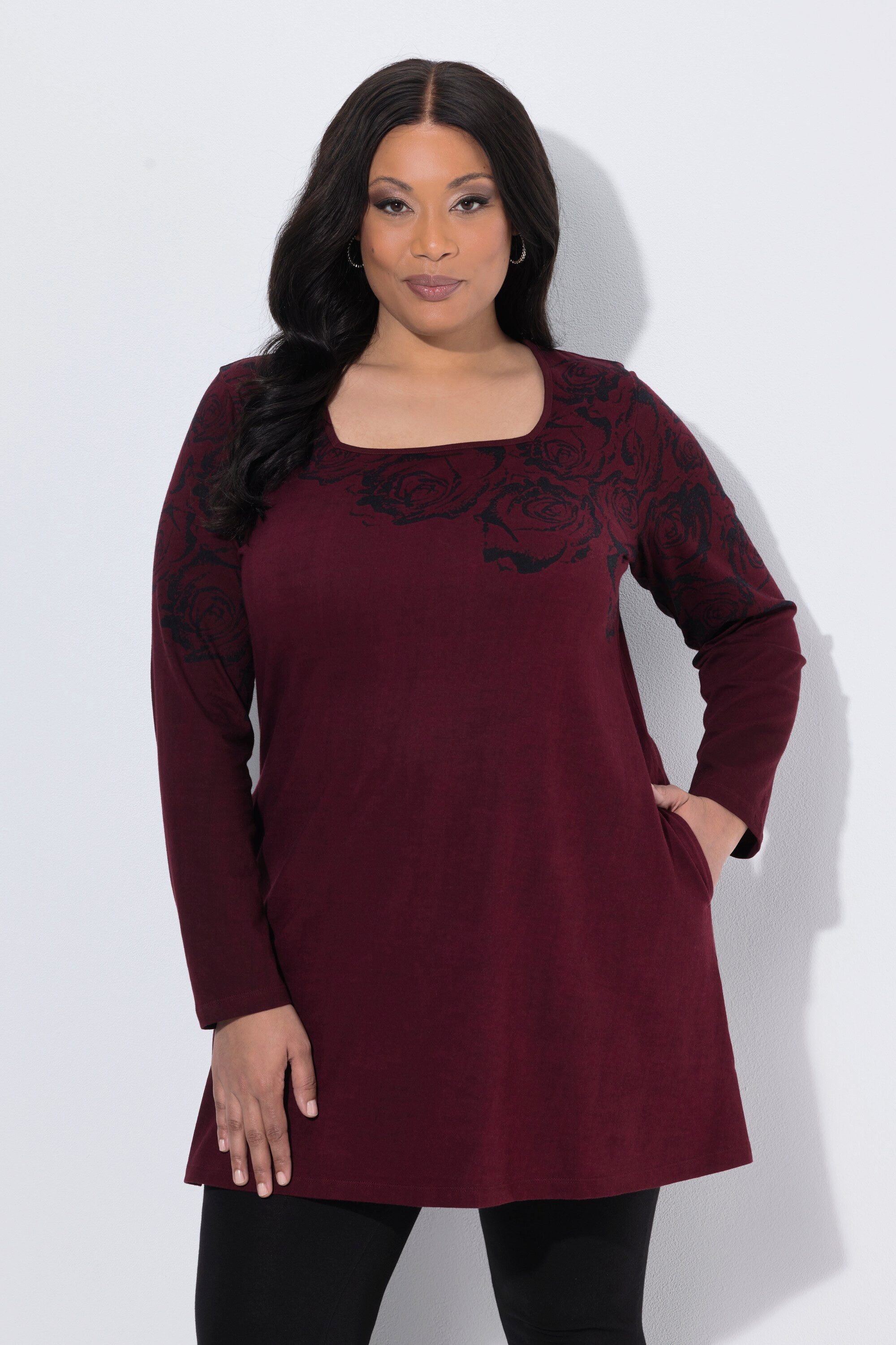 Ulla Popken Longshirt Longshirt Motivdruck A-Linie Carré-Ausschnitt