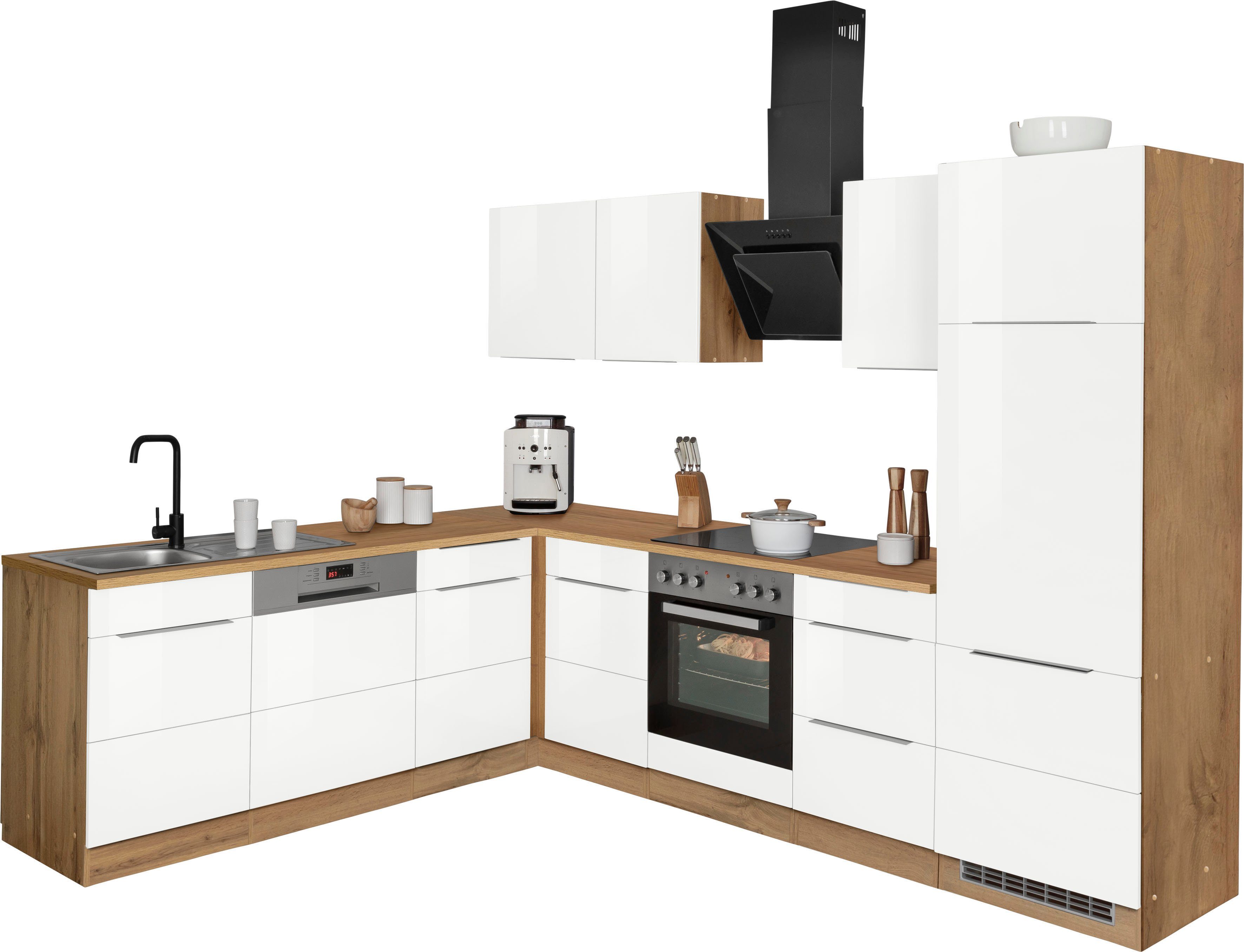 KOCHSTATION Winkelküche KS-Brindisi, Stellbreite 220/280 cm, wahlweise mit E-Geräten, mit MDF-Fronten