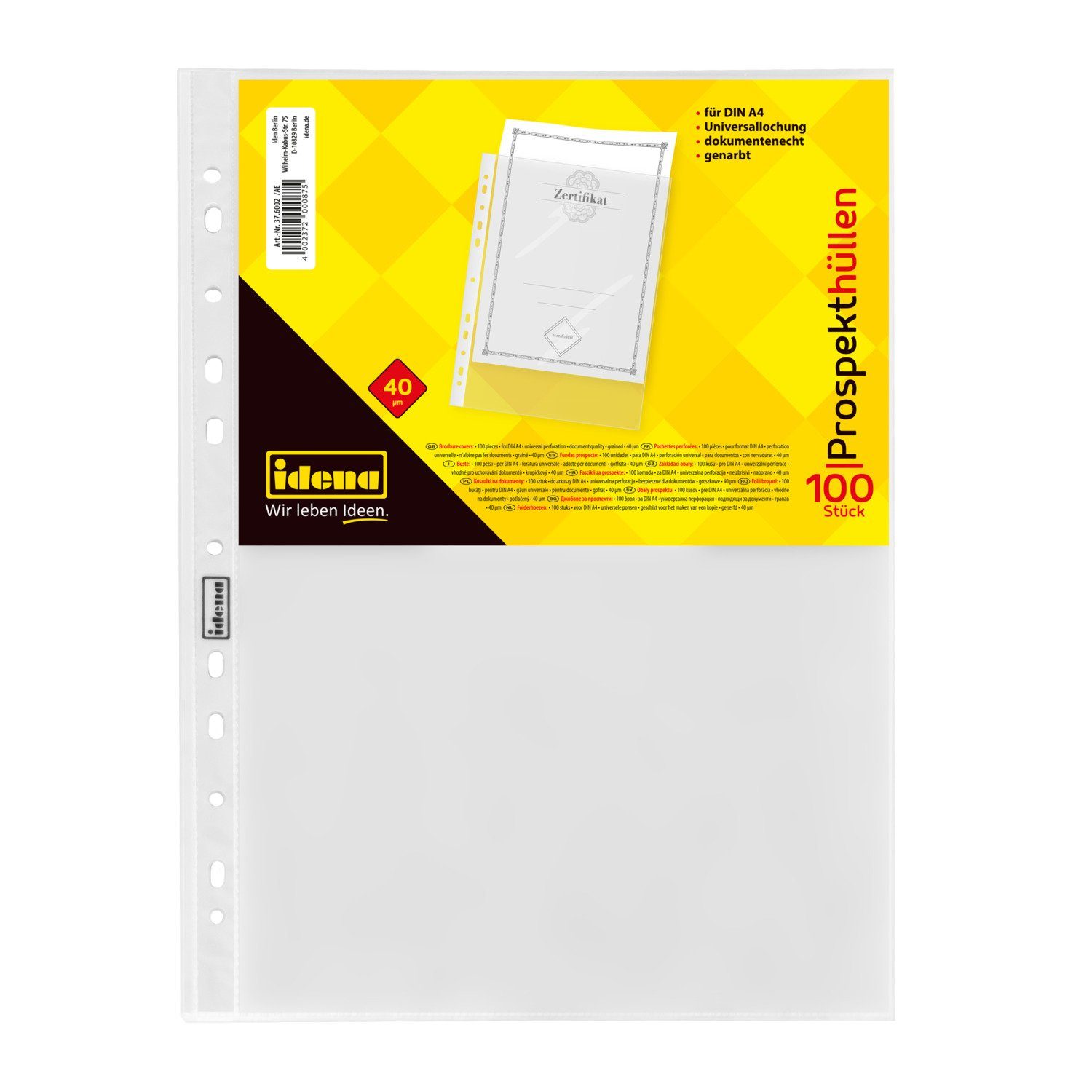 Prospekthülle Idena 376002 - Prospekthülle DIN A4 Format, genarbt, 40µ, 100 Stück