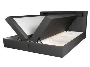 Furnix Boxspringbett ANTYD 120/140/160/180x200 mit zwei tiefen Bettkästen und Topper, LED-Beleuchtung mit Fernbedienung, Eco-Leder