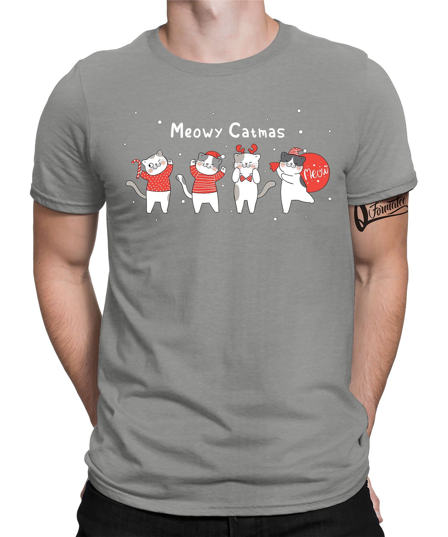 Heather Formatee (1-tlg) Meow Weihnachten Quattro Grau Kurzarmshirt Herren Christmas Katze T-Shirt X-mas -
