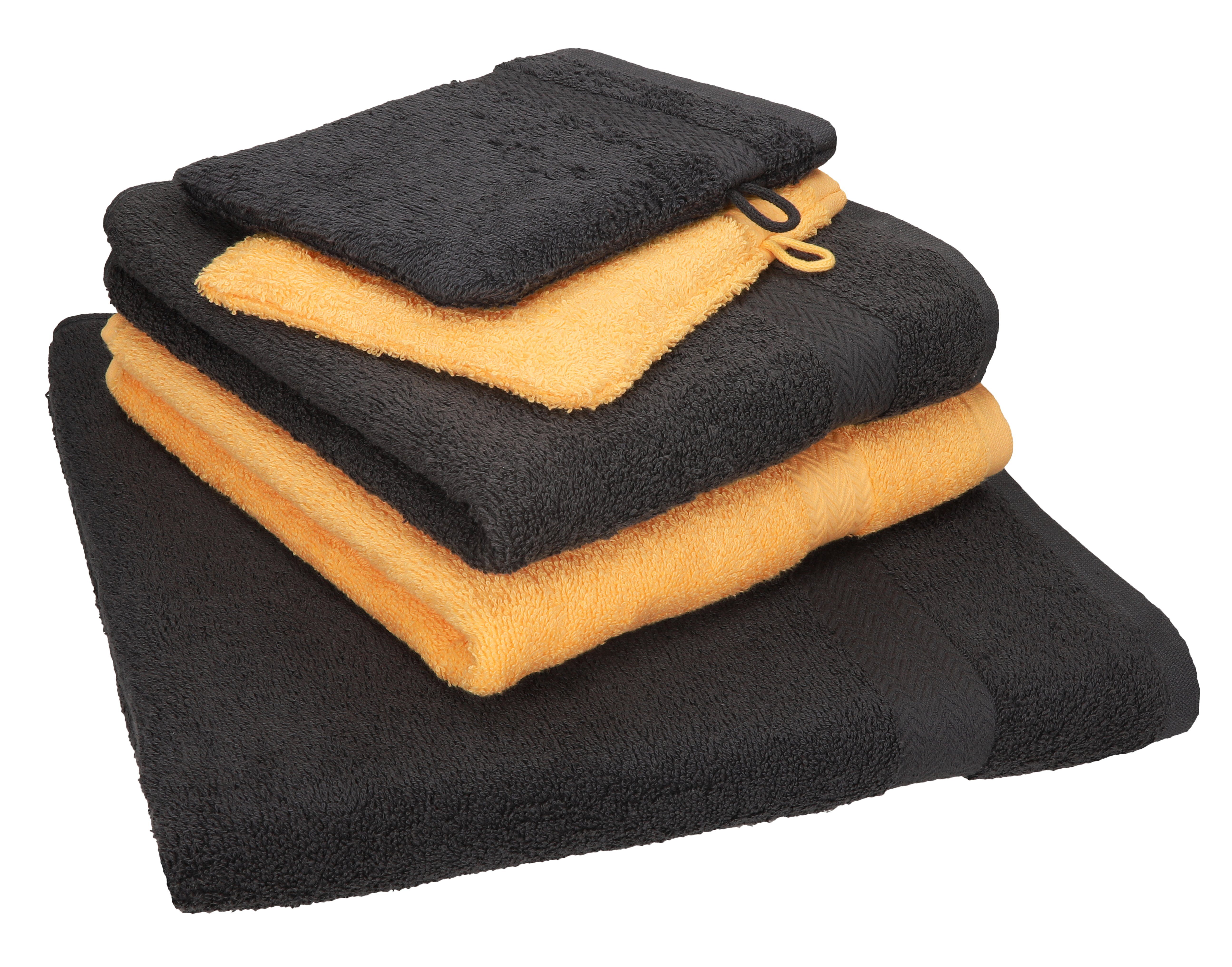 Betz Handtuch Set 5 TLG. Baumwolle Handtücher Set 2 honiggelb Waschhandschuhe, 100% SINGLE grau Handtuch Duschtuch 1 und graphit 100% PACK 2 Baumwolle