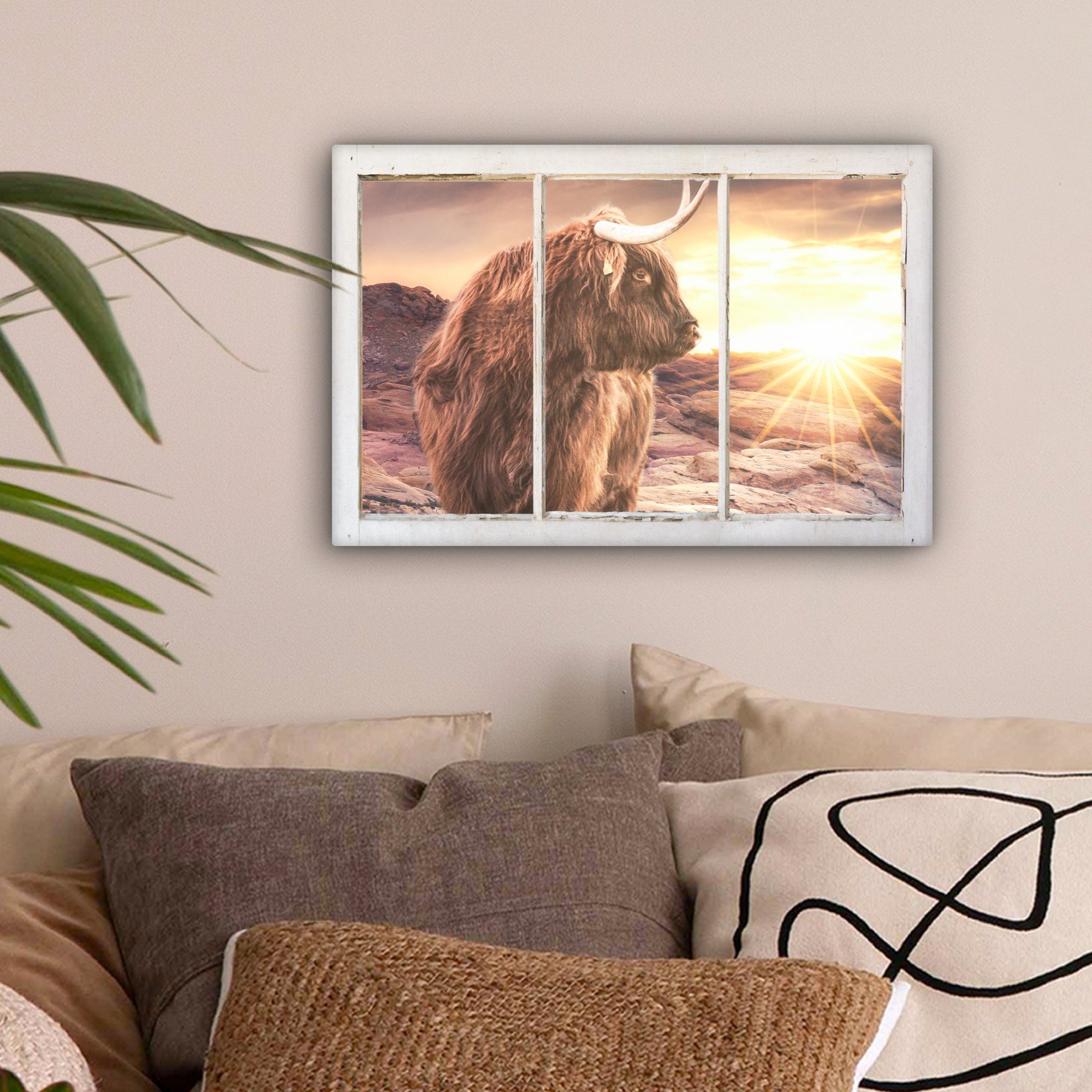 OneMillionCanvasses® Leinwandbild Schottischer Highlander Sonnenuntergang, Aussicht (1 Aufhängefertig, Wanddeko, St), - cm - Leinwandbilder, Wandbild 30x20