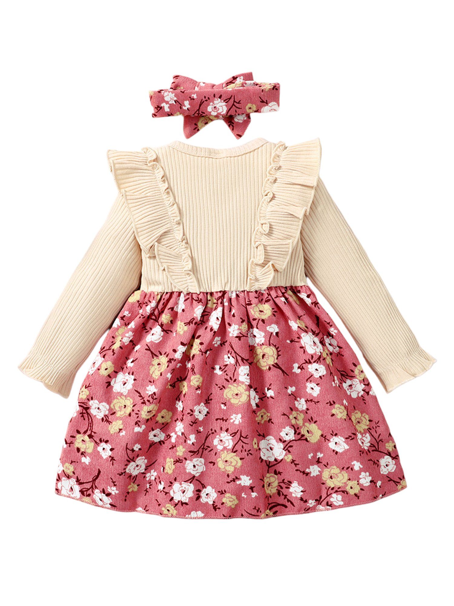 Langärmliges Blumendruck Outfit A-Linien-Kleid 2-tlg, Mädchen mit Kleid Rüschen Strickkleid & Casual Baby LAPA Mit Strinband) Rundhalsausschnitt Partykleid (Set,