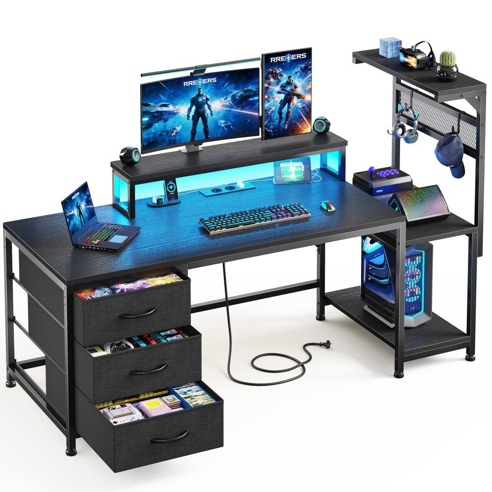 Klyvvo Schreibtisch Rechteckig Schreibtisch mit Bücherregal für Homeoffice (1-St., Umkehrbar Computertisch mit 3 Schubladen, Monitorständer, LED), USB-Ladeanschluss und Steckdose, Kopfhörerhaken, 140×50cm, Schwarz