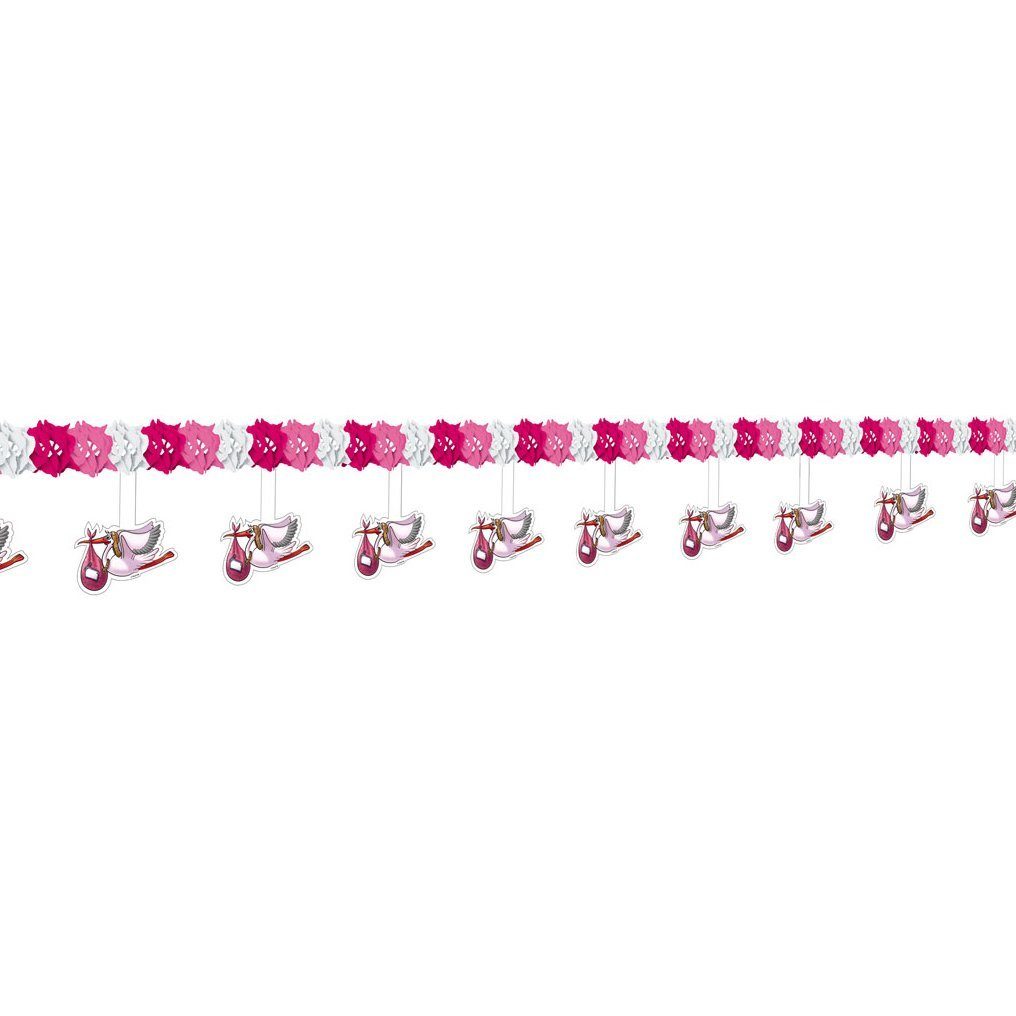 Folat Hängedekoration Gender Babyparty Papiergirlande Rosa - Storch, Partydeko für Baby Shower oder Taufparty