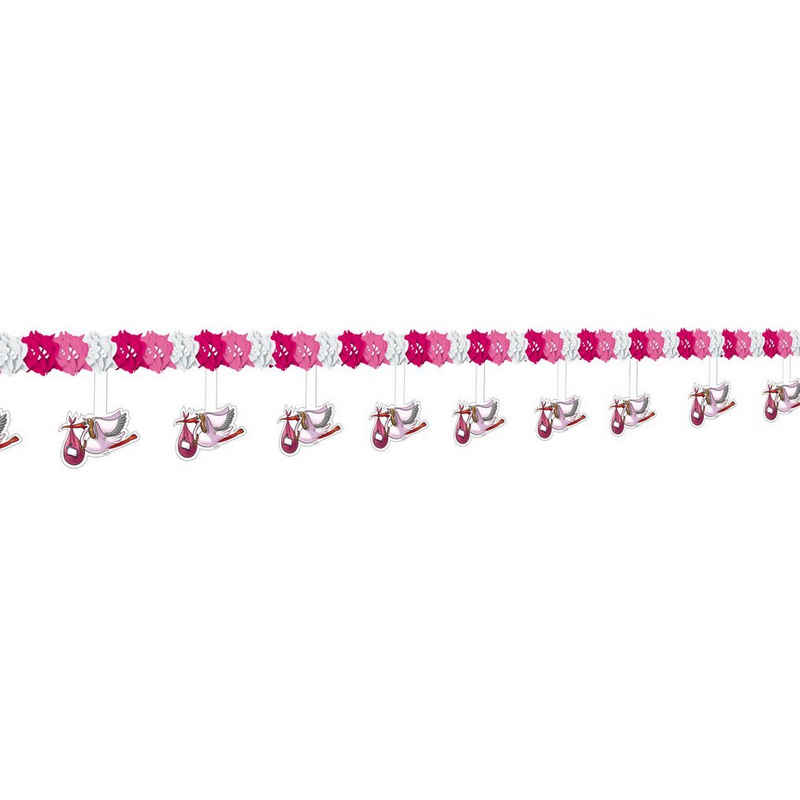 Folat Hängedekoration Gender Babyparty Papiergirlande Rosa - Storch, Partydeko für Baby Shower oder Taufparty