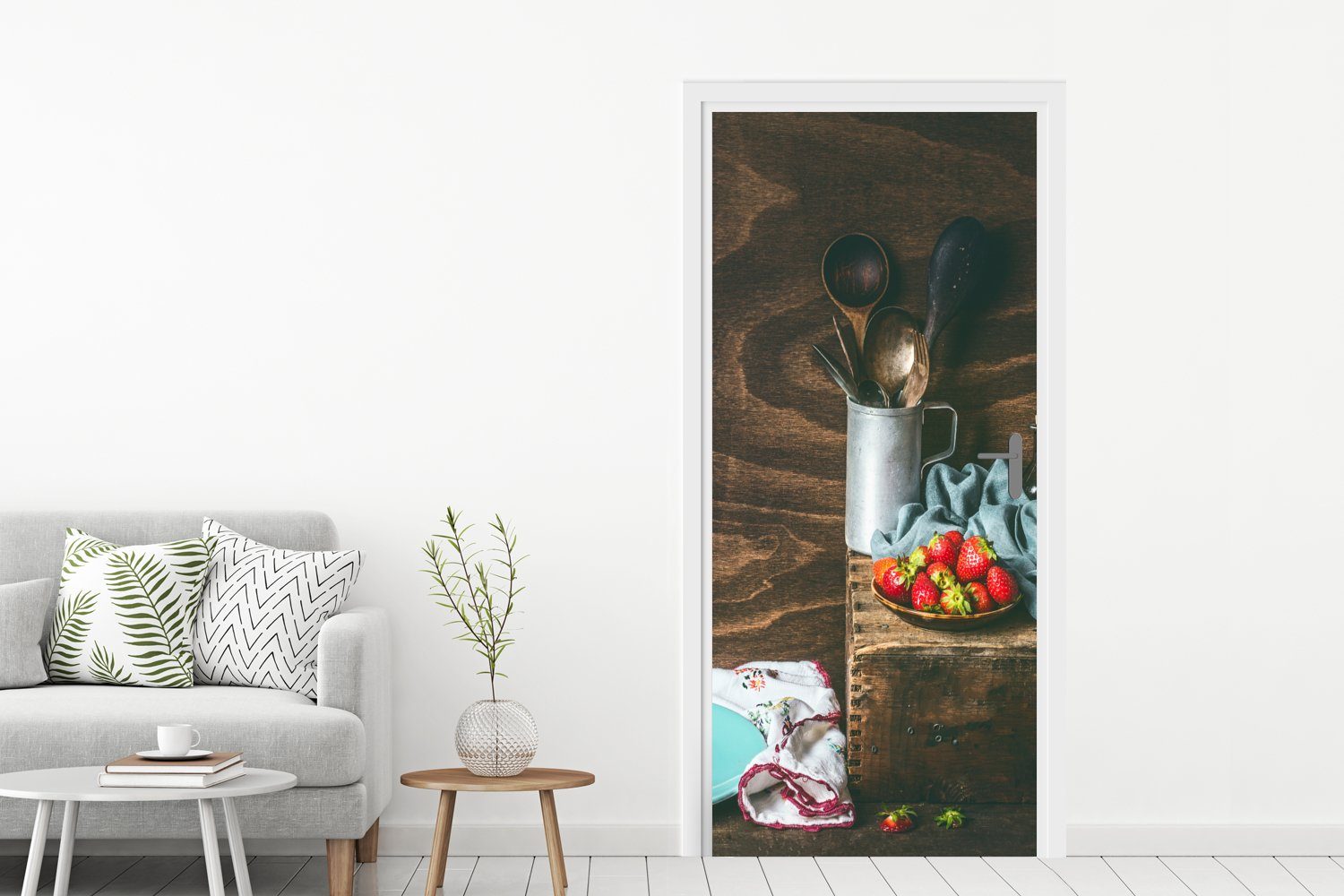 Erdbeere, - Türaufkleber, Rustikal cm 75x205 - Matt, MuchoWow Tür, St), Küchenutensilien für - Fototapete bedruckt, Obst Türtapete (1