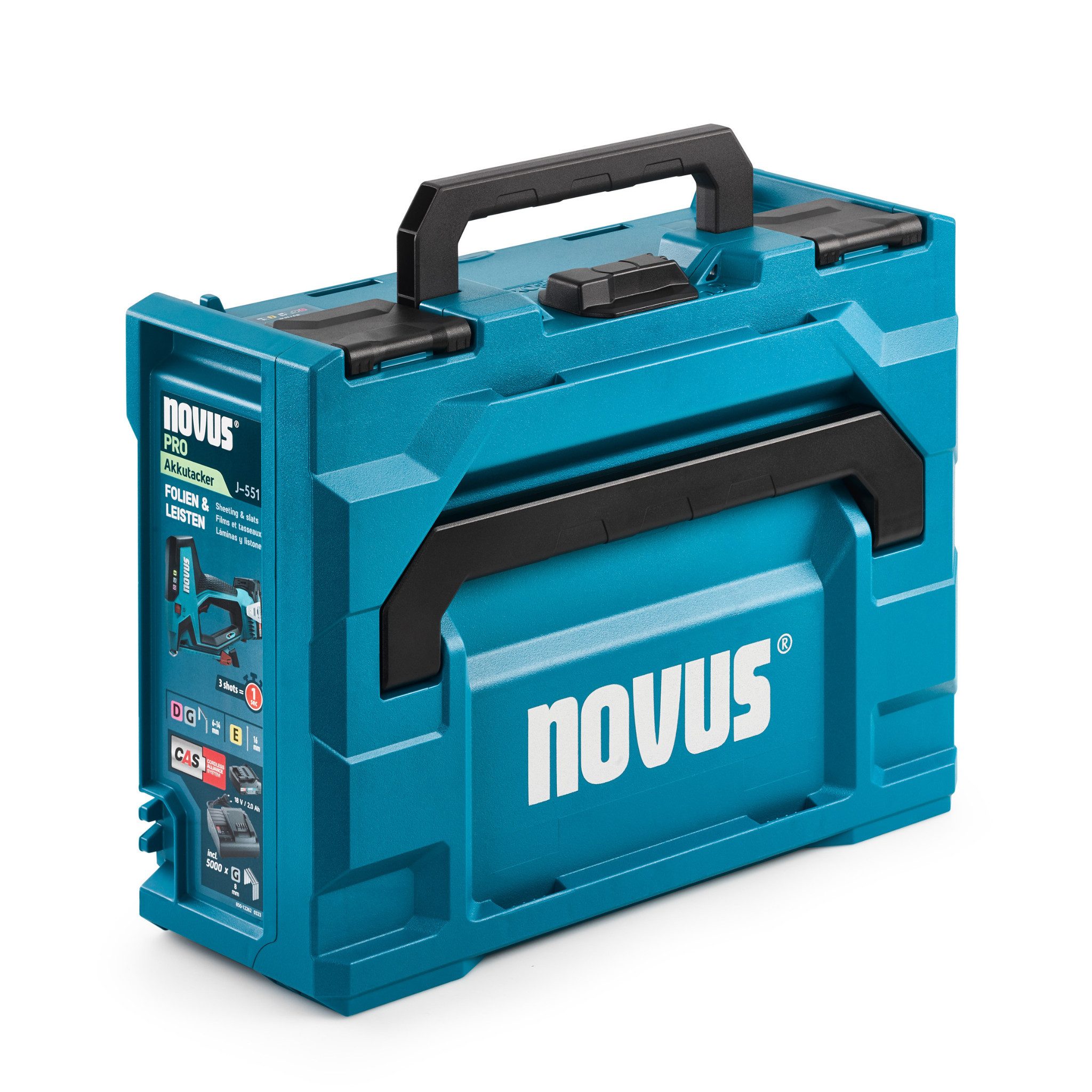Novus Tools Akku-Tacker, (J-551 metaBOX Set, für 6-14 mm Flachdrahtklammern und 16 mm Nägel), Für Folien & Zierleisten, 031-0366
