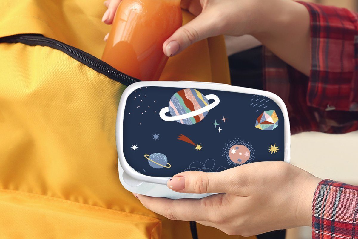 MuchoWow Lunchbox für Brotbox Jungs Kinder Planeten, (2-tlg), und Kinderzimmer Brotdose, Weltraum und Erwachsene, Kunststoff, für - - weiß Mädchen