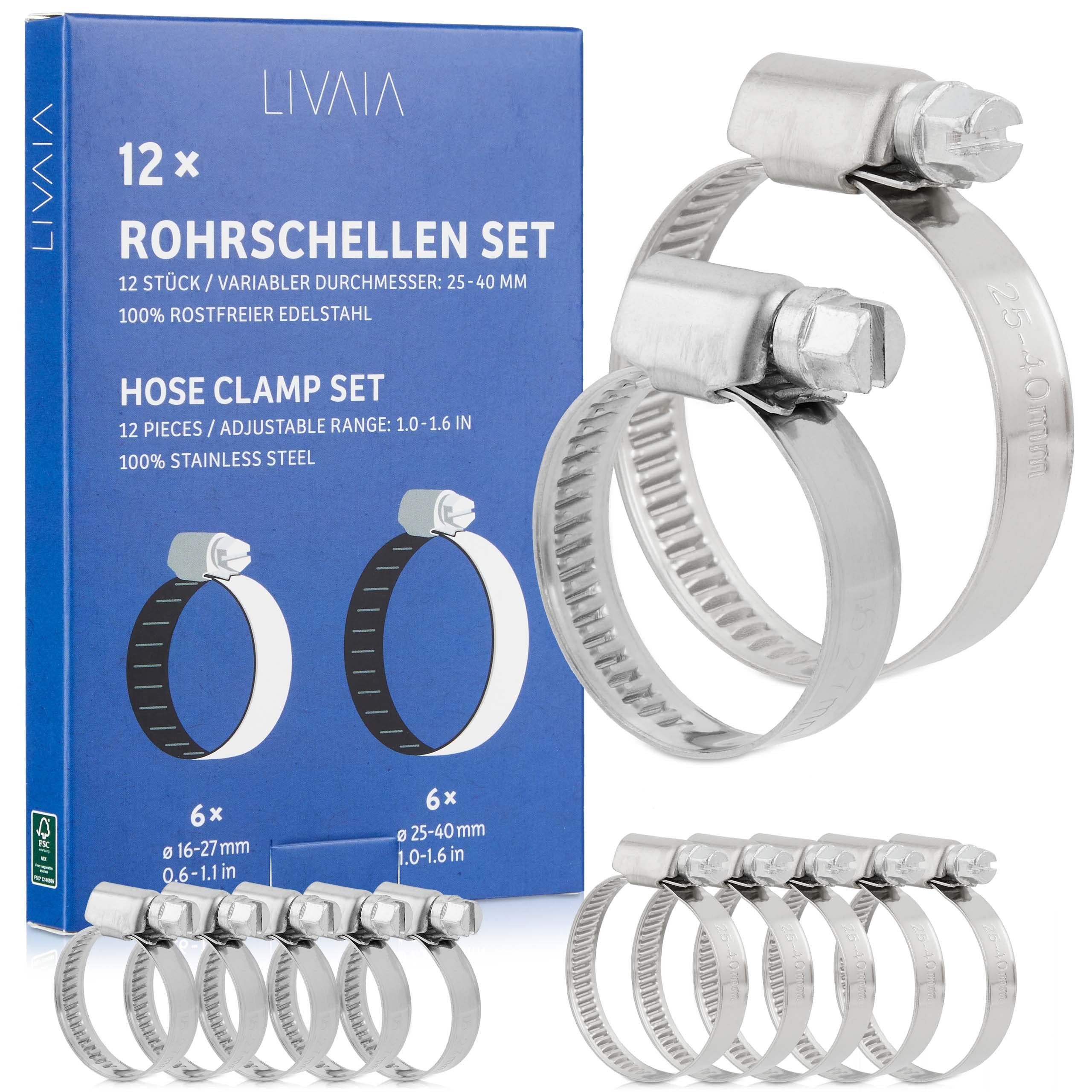 LIVAIA Rohrschelle Rohrschellen Set: 12x Edelstahl 16-27mm & 25-40mm, 16Mm - 40Mm
