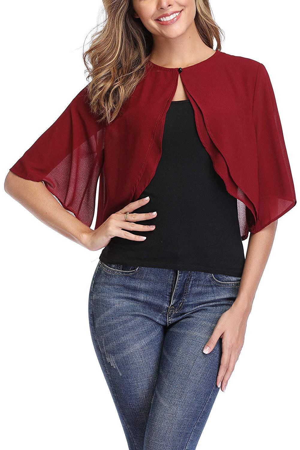 Zaewry Bolero Damen-Bolero aus Chiffon,3/4-Arm,Chiffon Coverup,Fließend,zart,luftig Geeignet für elegante Dinner-Anlässe