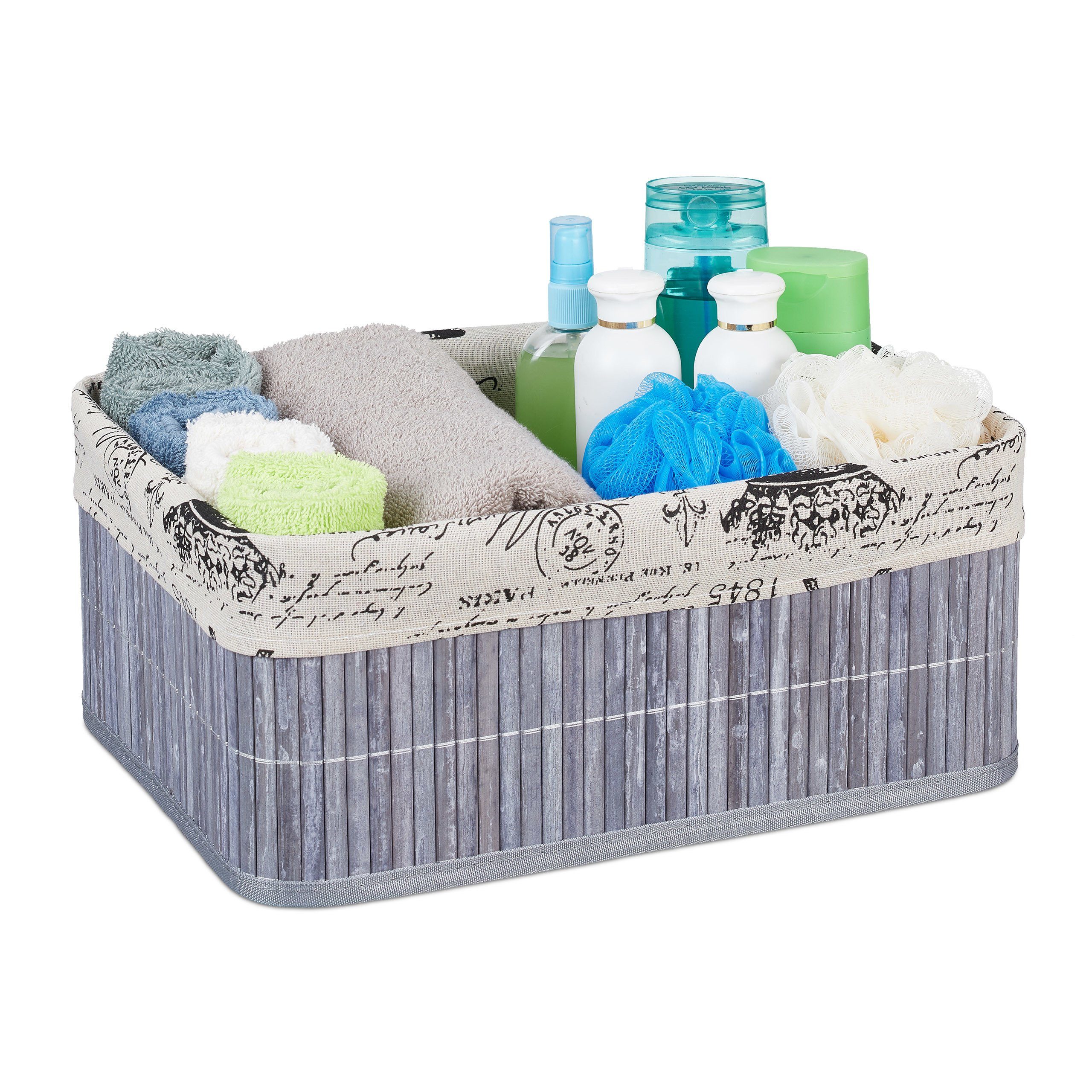 relaxdays Aufbewahrungskorb Bambus mit Print, Grau günstig online kaufen