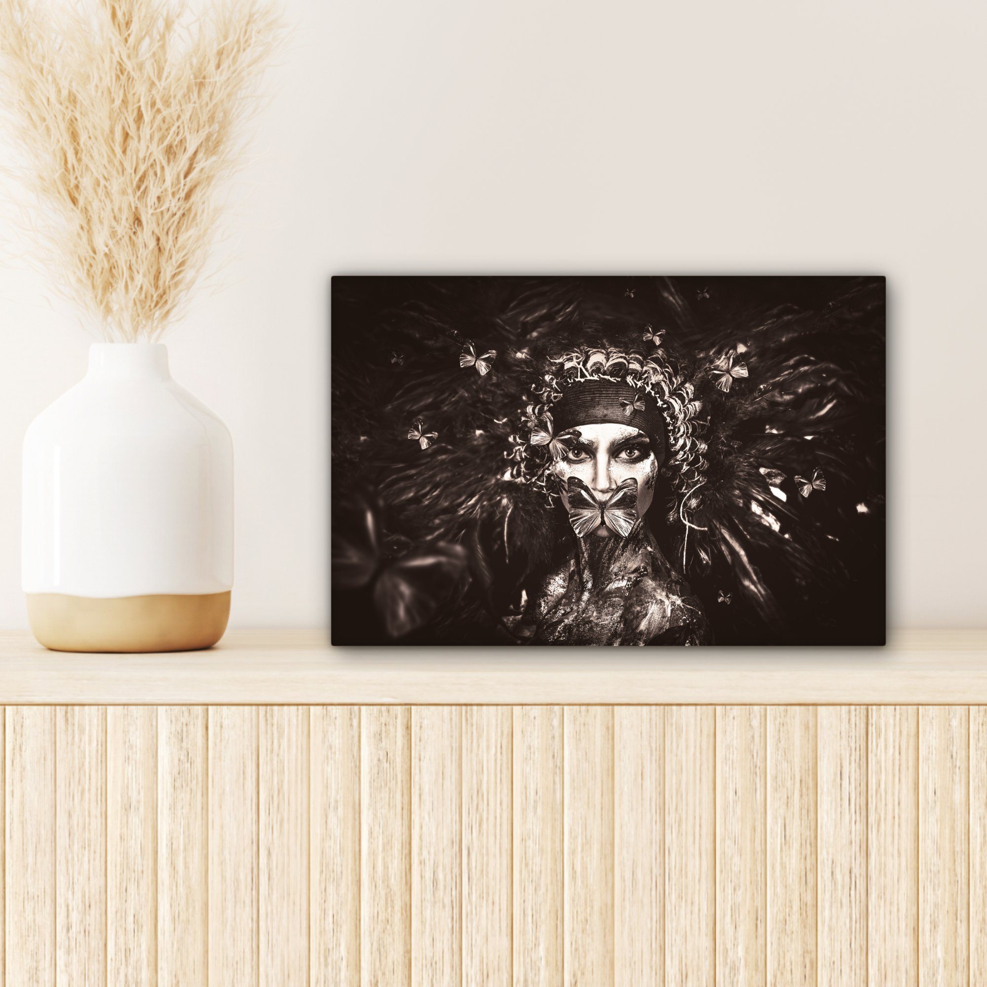 OneMillionCanvasses® Leinwandbild Frau - Schwarz St), (1 Leinwandbilder, Wanddeko, Wandbild - cm - 30x20 Aufhängefertig, Luxus, Weiß