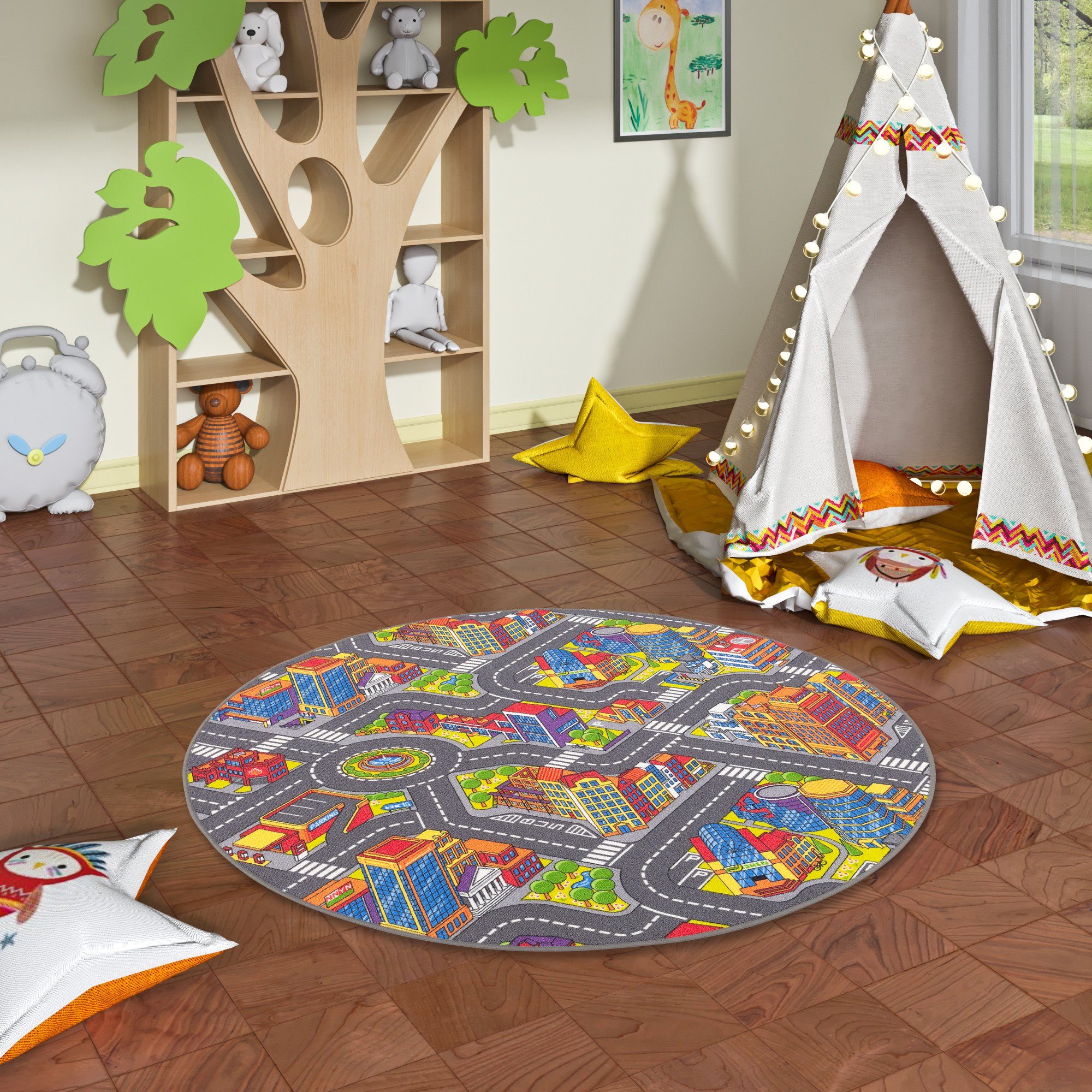 Snapstyle Kinderteppich Kinder Straßenteppich 3D Big City Rund, Rund, Höhe: 4 mm