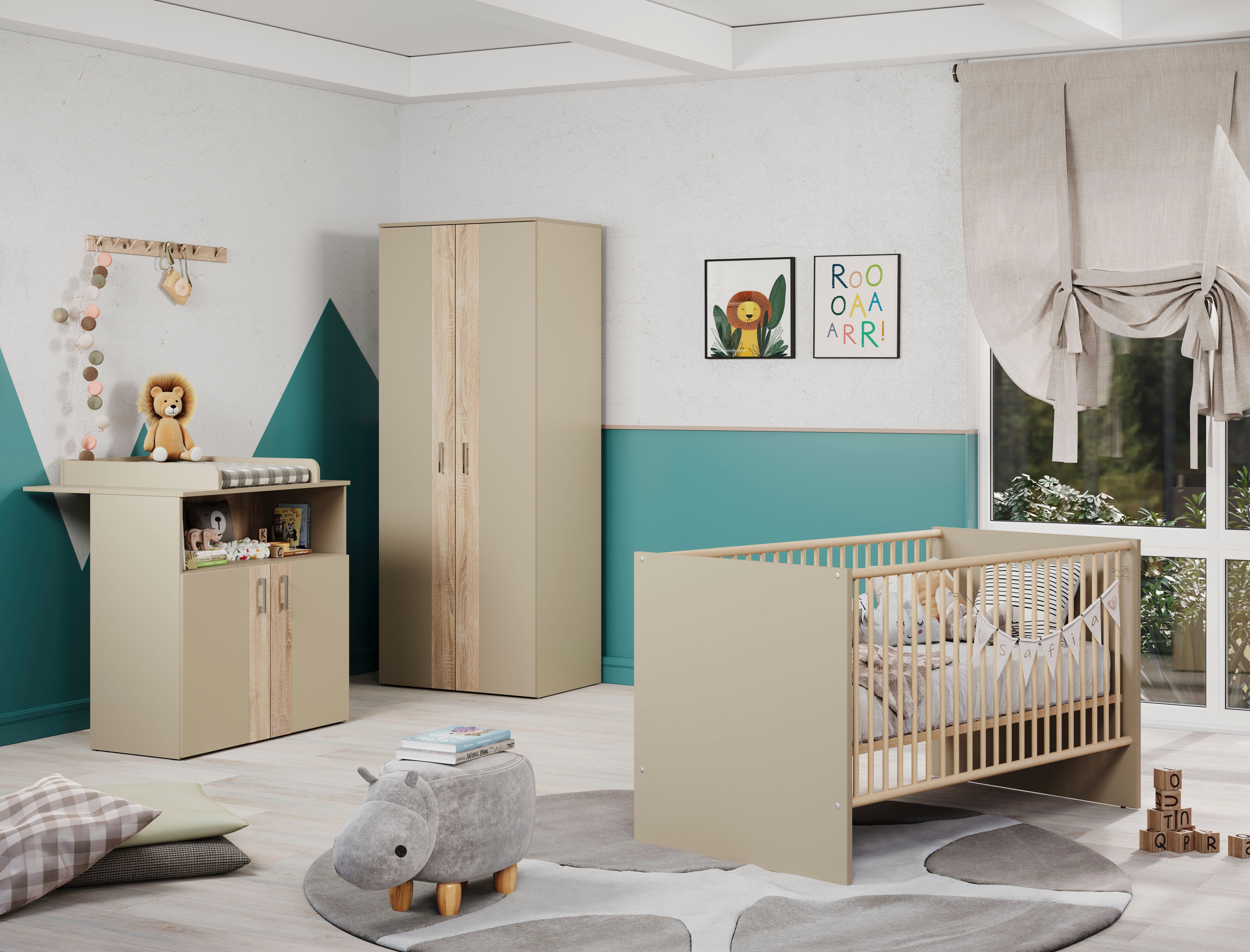 trendteam Babymöbel-Set Beja, (Set, 3-tlg), Gitterbett, Wickelkommode und Kleiderschrank - silberfarbene Griffe