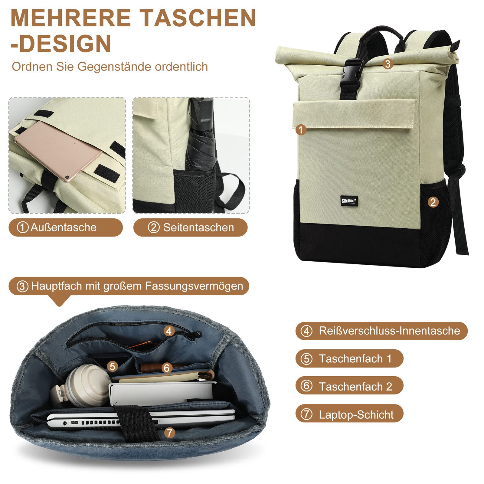 TAN.TOMI Freizeitrucksack Rucksack Rolltop Backpack Wasserdicht Laptop Arbeitsrucksack, Für Schule Fahrradfahren Freizeit Reise