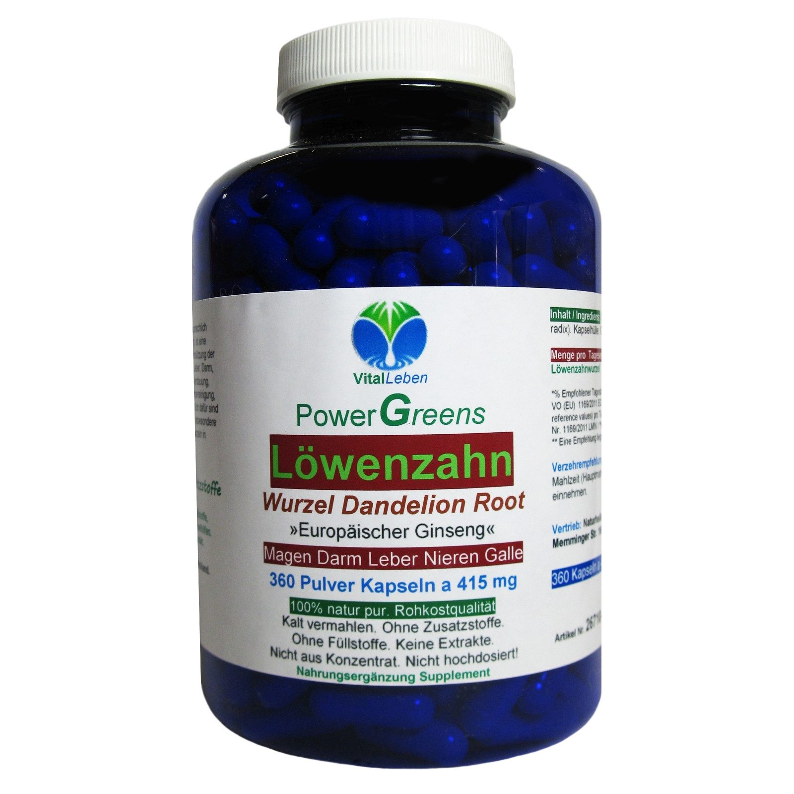 VitalLeben Löwenzahn Wurzel Dandelion Root Bitterstoffe - Ohne Zusatzstoffe Kapseln, 1 er Dose à 360 St., 149,4 g, Art. 26710-360