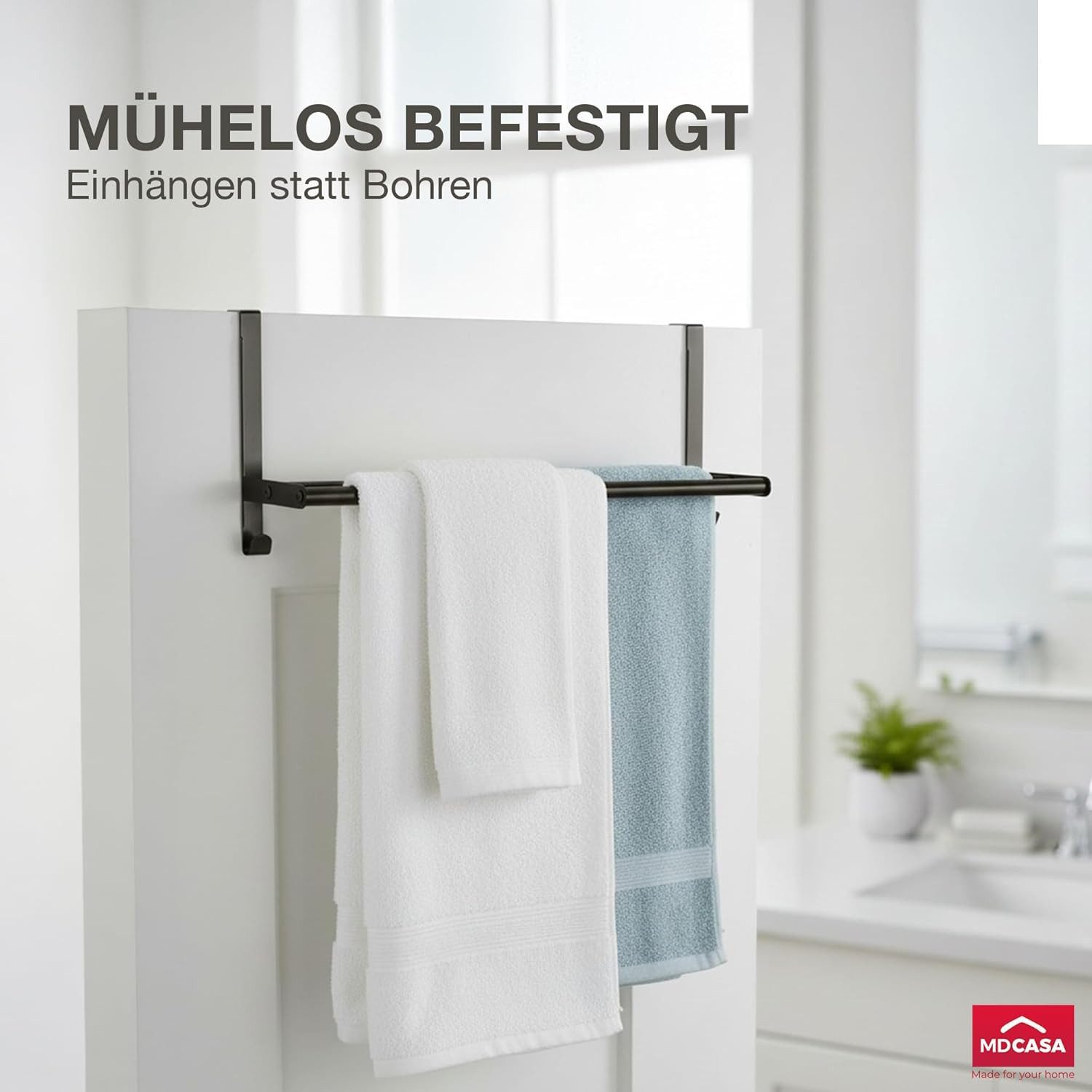 MDCASA Handtuchstange I Stabiler Handtuchhalter ohne Bohren für alle gängigen Türen, Längenverstellbar 43 bis 80 cm, inkl. Kratzschutz – Bild 3 von 5