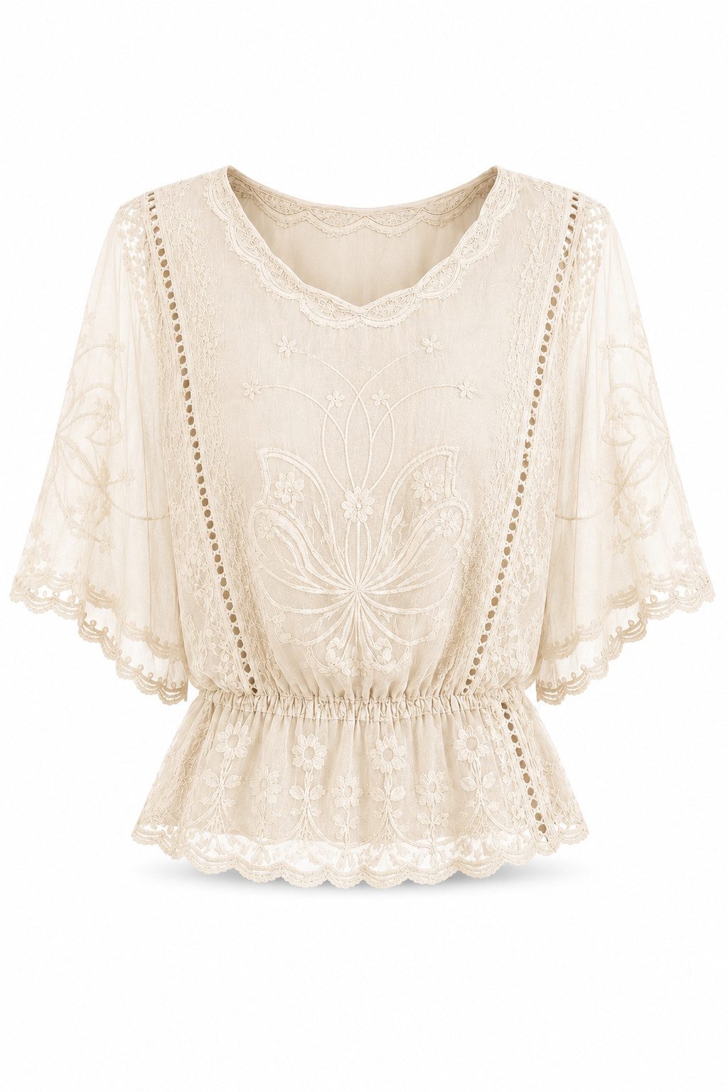 ITALY VIBES Spitzenbluse - Damen Spitzenbluse mit Lochstickerei, Boho Sommerbluse, Kurzarm ONE SIZE, passend für Größe XS bis L