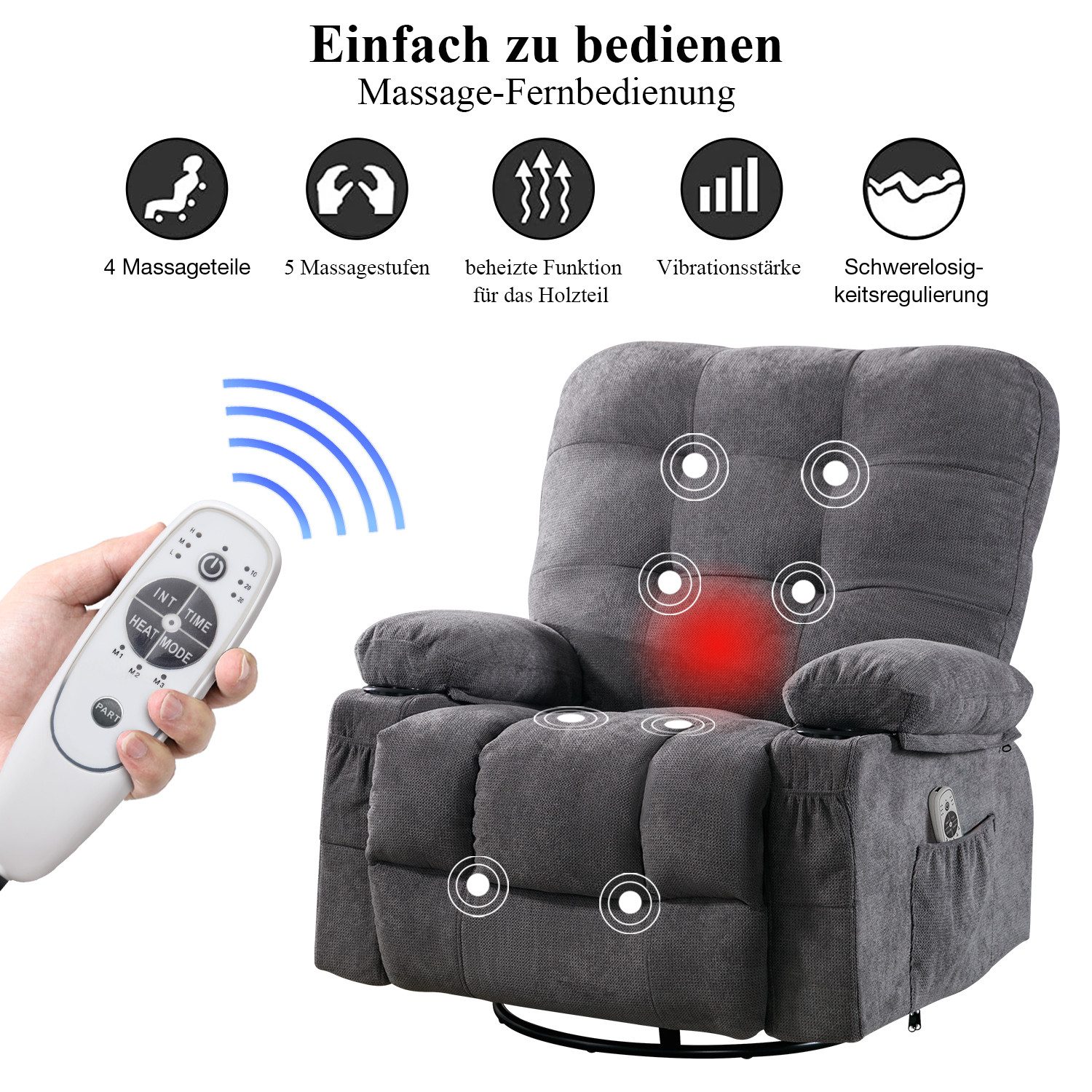 bosmiller Relaxsessel Elektrisch Fernsehsessel Verstellbar Massagesessel mit Liegefunktion (1-St), Ergonomisch Heizung Sessel mit Getränkehalter – Bild 5 von 5