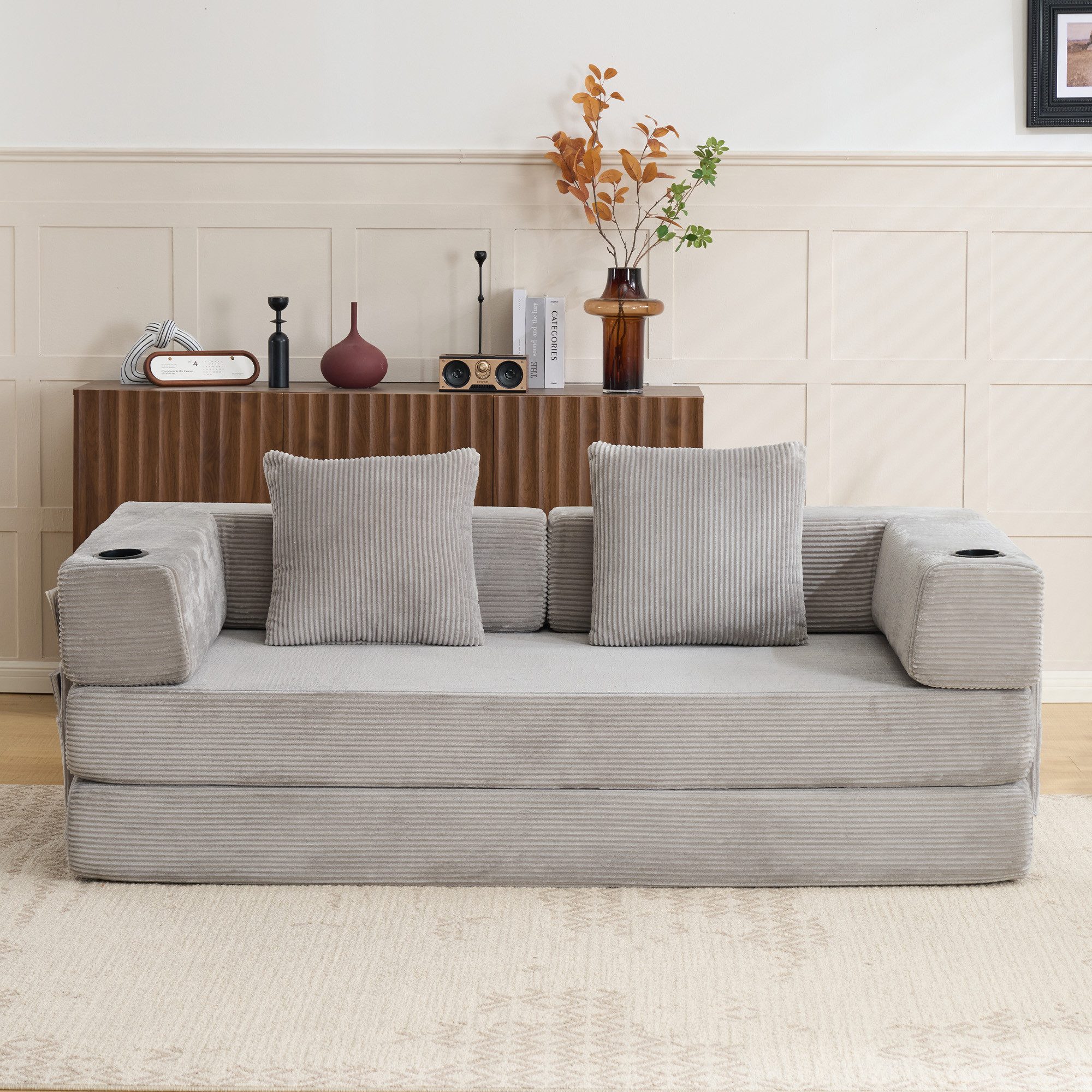 Vankel Loungebett Sofas Wohnzimmer, Sofa mit Schlaffunktion aus Cord mit Cupholder, Faltbares Schlafsofa mit Seitentaschen, Cupholdern und ohne Montage