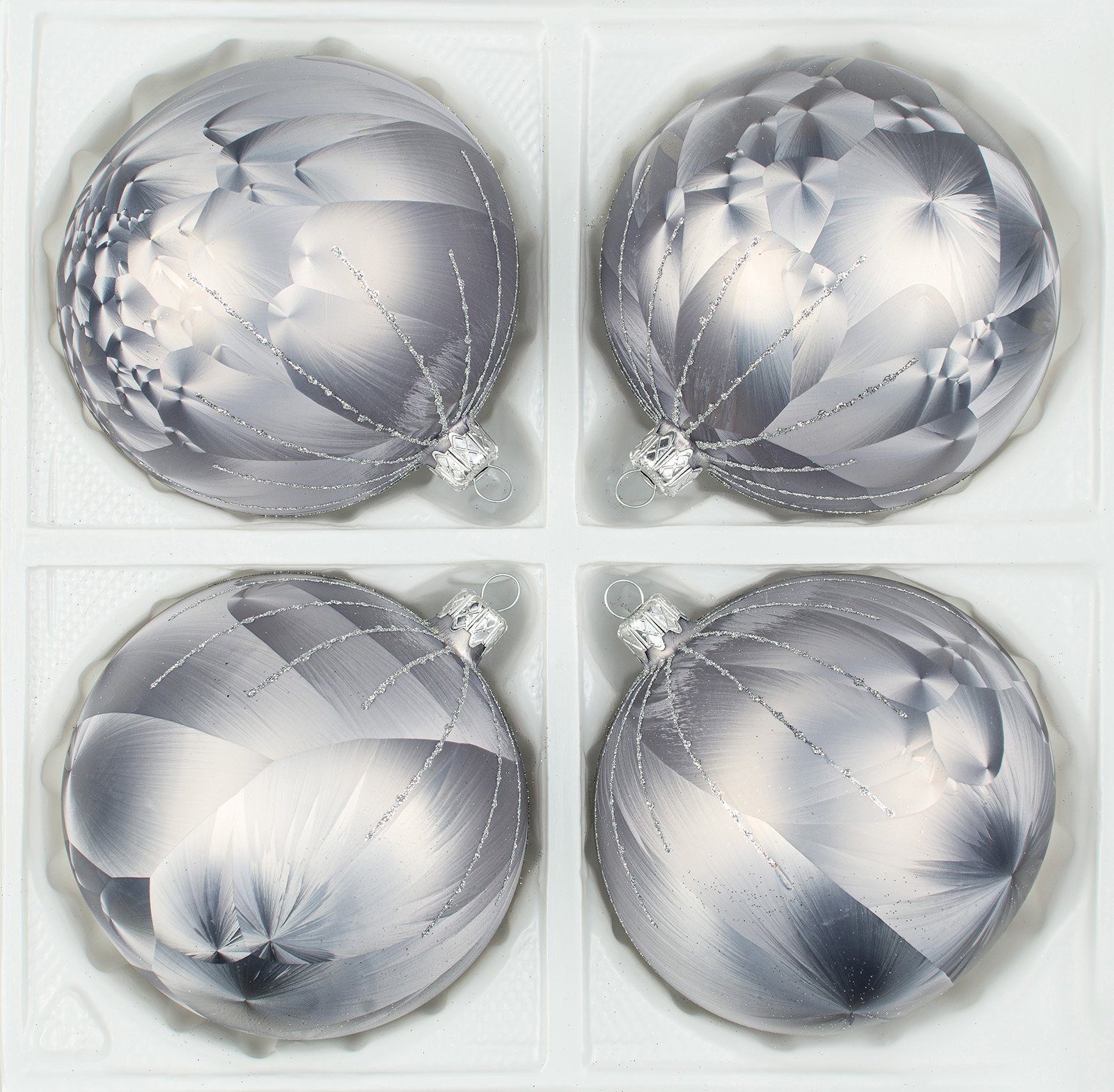 Navidacio "Ice Set tlg. 4 in Silber" 12cm Ø Glas-Weihnachtskugeln Grau Regen Weihnachtsbaumkugel