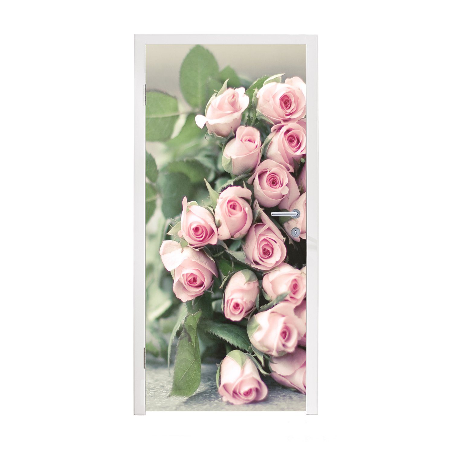 MuchoWow Türtapete Ein großes Buch mit rosa Rosen liegt auf einem Tisch., Matt, bedruckt, (1 St), Fototapete für Tür, Türaufkleber, 75x205 cm