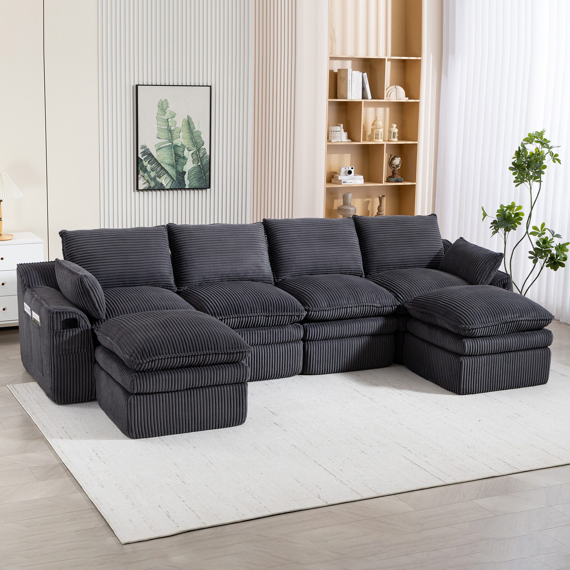 STILVORA Ecksofa Modulares 4-Sitzer Cordsofa mit 2 Hockern 2 Seitentaschen Dunkelgrau, inkl. Kissen & 2 Seitentaschen,3‑lagiger Schaumstoff + Federkern, Frei kombinierbar – ideal für Wohnzimmer, Büro & mehr