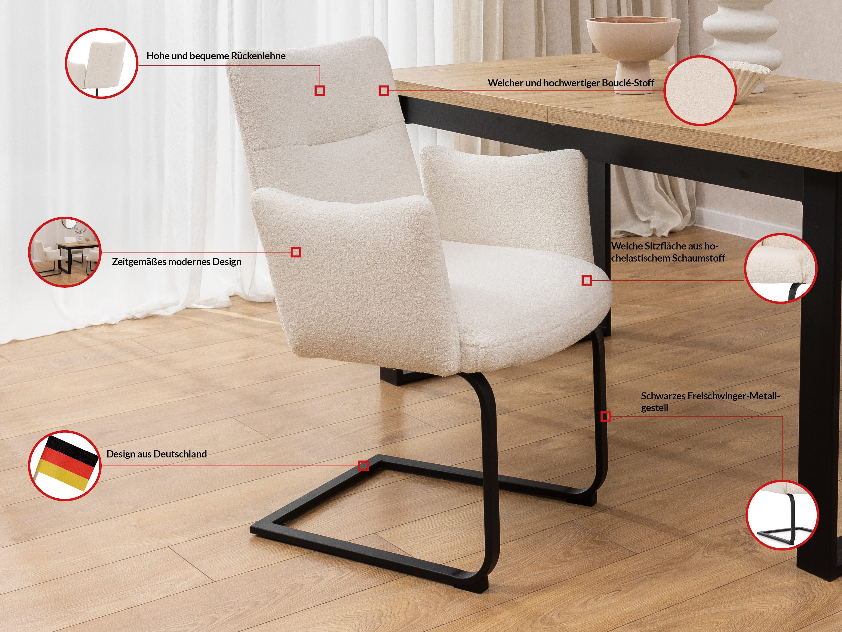 S-Style Möbel Polsterstuhl Hera aus weißem Bouclé mit Freischwinger-Gestell aus schwarzem Metall