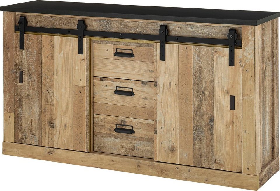 Home affaire Sideboard SHERWOOD, Holz Dekor, mit Scheunentorbeschlag und  Apothekergriffen, Breite 161cm, In modernem Holz Dekor mit Scheunentorbeschlag  und Apothekergriffen aus