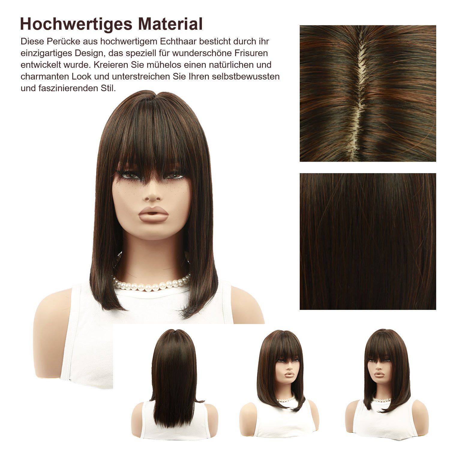 Refttenw Kunsthaarperücke 30 cm Perücke Damen Kurz mit Pony, Atmungsaktiv & Verstellbar, Schwarzbraun Komplettperücke für Style-Wechsel