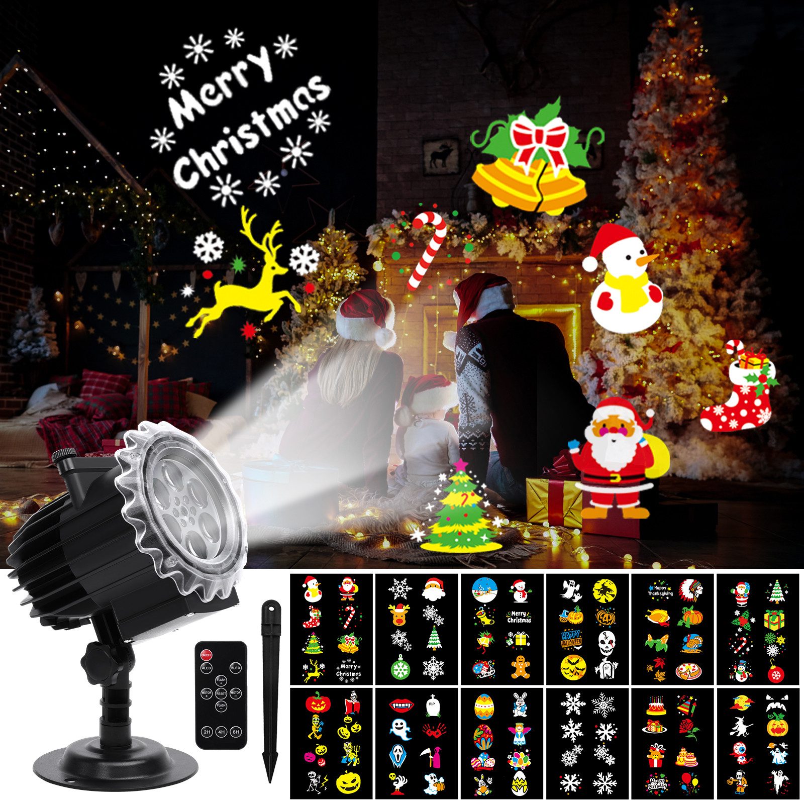 Fofile Projektor Weihnachtsdeko Außen Innen Weihnachtsbeleuchtung 96 Motiven LED-Beamer (12 Filme Wasserdichte Weihnachtsprojektor mit Fernbedienung & Timer)
