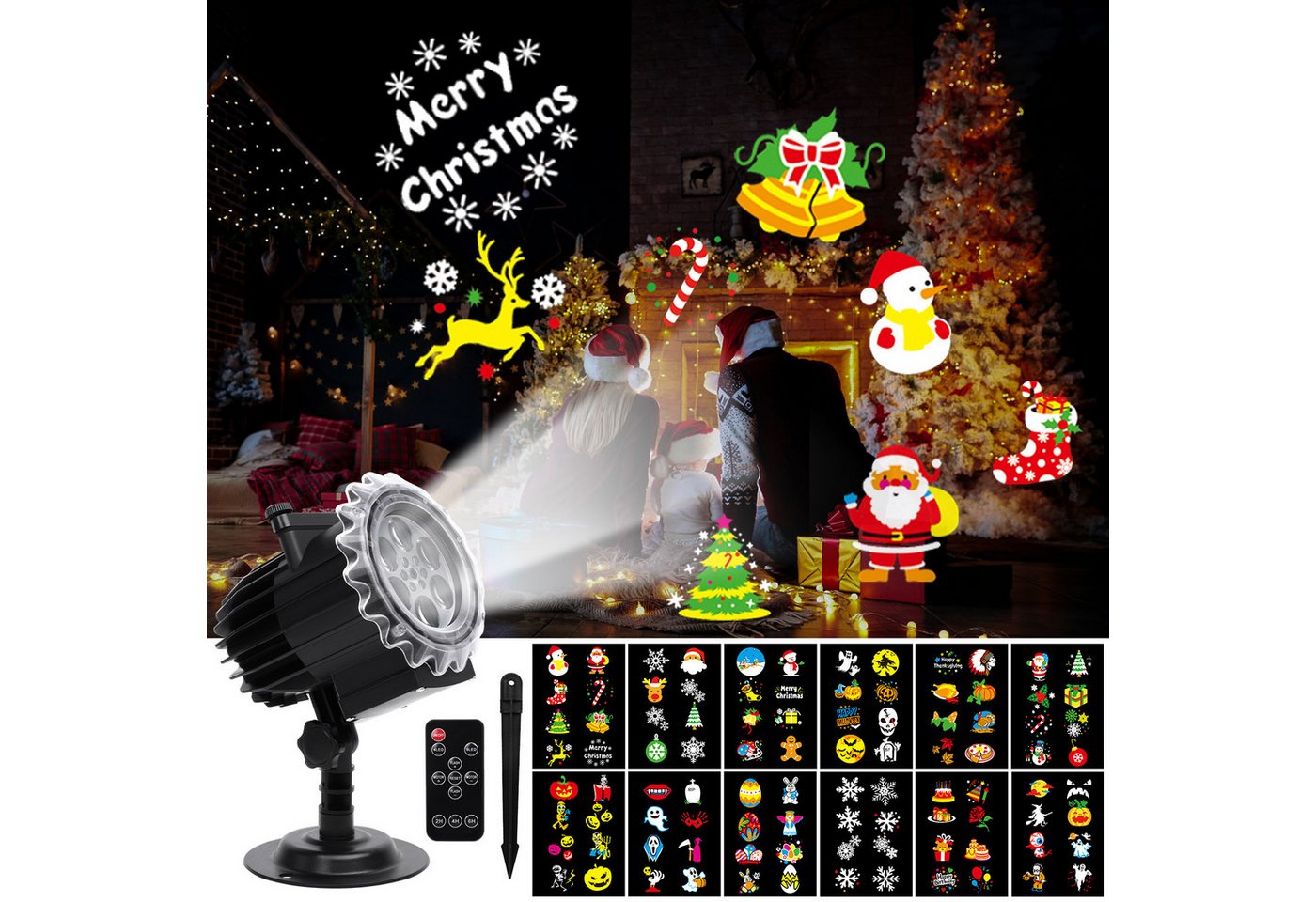 Fofile Projektor Weihnachtsdeko Außen Innen Weihnachtsbeleuchtung 96 Motiven LED-Beamer (12 Filme Wasserdichte Weihnachtsprojektor mit Fernbedienung & Timer)