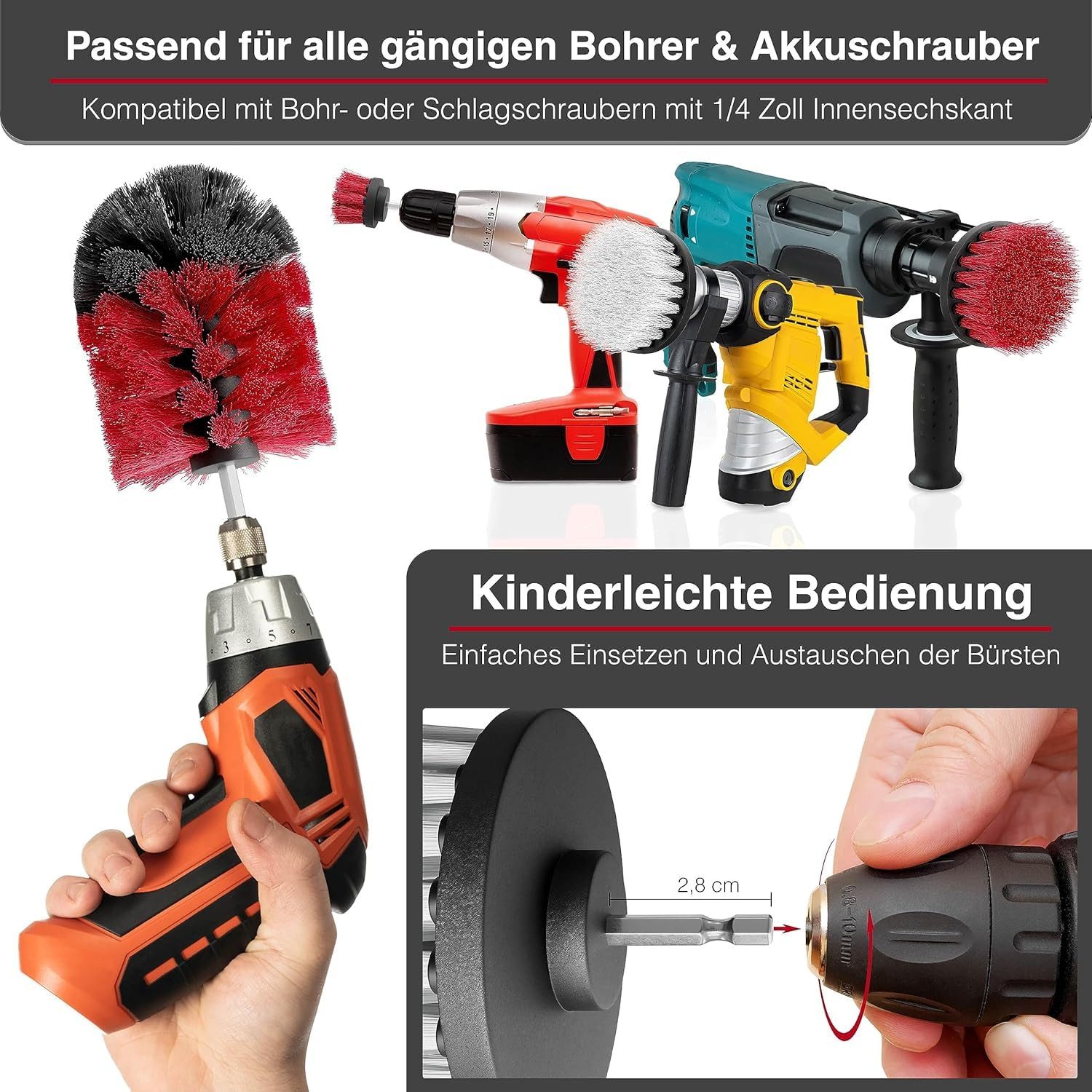 M&A QUALITY Reinigungsbürste Bürstenaufsatz Akkuschrauber [6er Set] Reinigt universell, Auto, Felgen, Polster, Fliesen & mehr, (Reinigungsbürste Akkuschrauber I – Bild 4 von 5