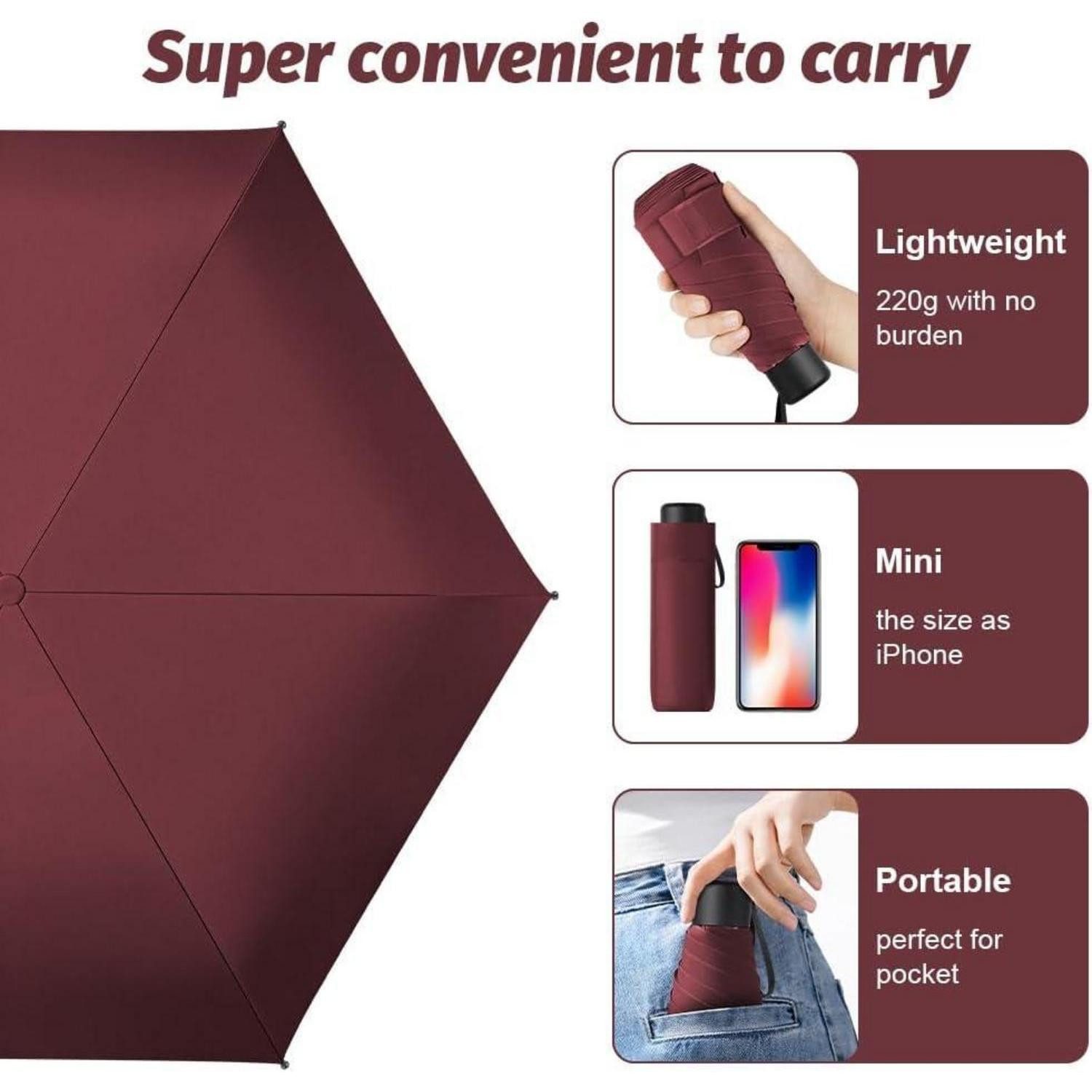 LuxusKollektion Taschenregenschirm Taschenschirm mini faltbar UV Sonnenschutz 6 Edelstahlrippen Weinrot