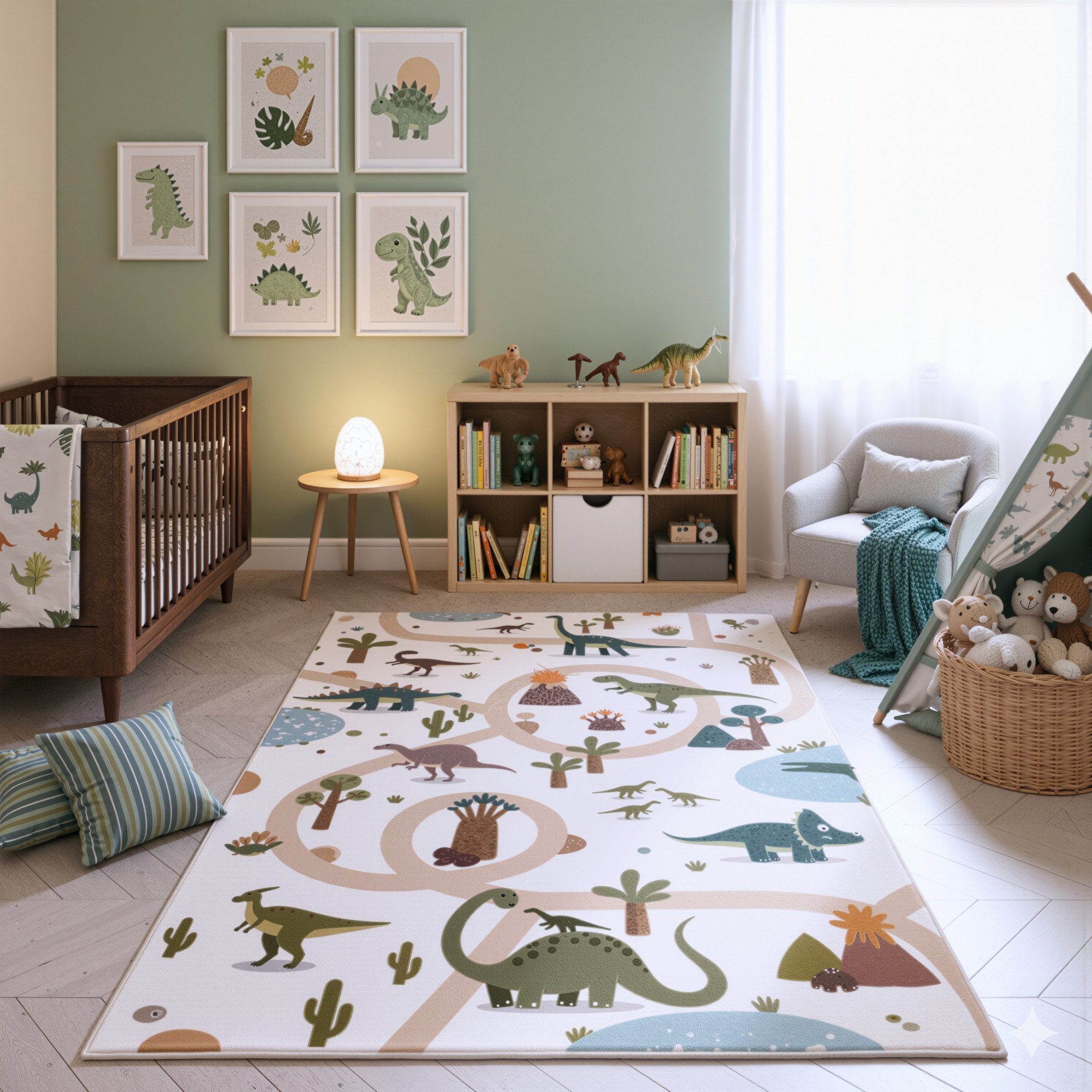 Teppium Teppich Bunte Dino Welt, Rechteckig, Höhe: 5 mm, Teppich Kinderzimmer