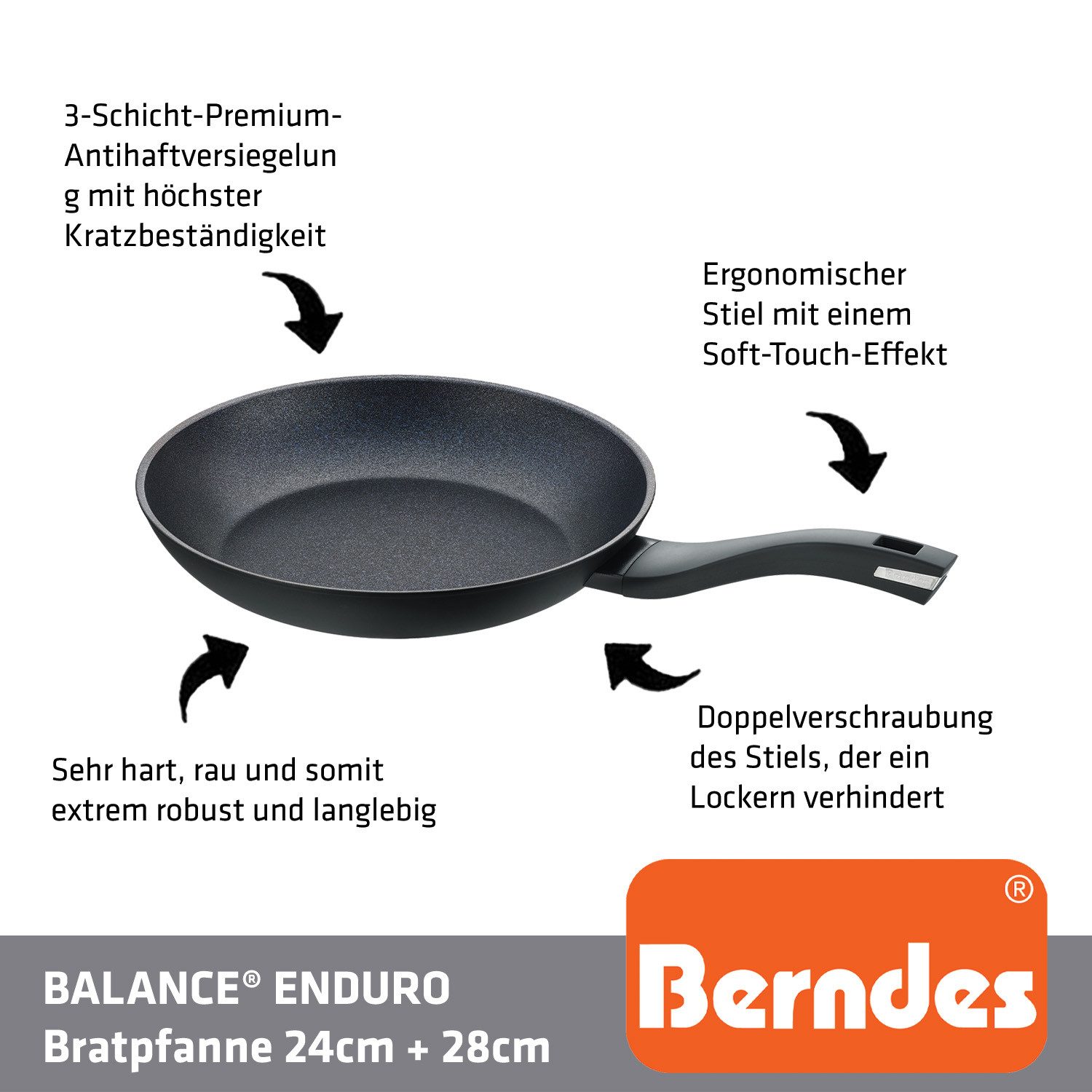 Berndes Pfannen-Set 24+28 cm, Aluminium, inkl. Pfannenwender - Balance® Induction Enduro, Aluminium, schlaggeschmiedet (3-teilig)