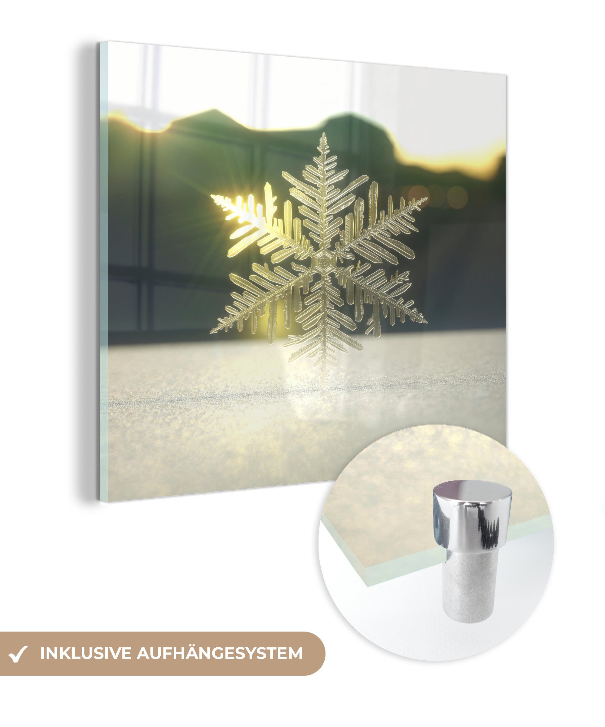in Foto - auf der auf Glasbilder Glas Nahaufnahme Wanddekoration Bilder Sonne, (1 Wandbild MuchoWow Acrylglasbild - Glas gefrorene Schneeflocke St), -