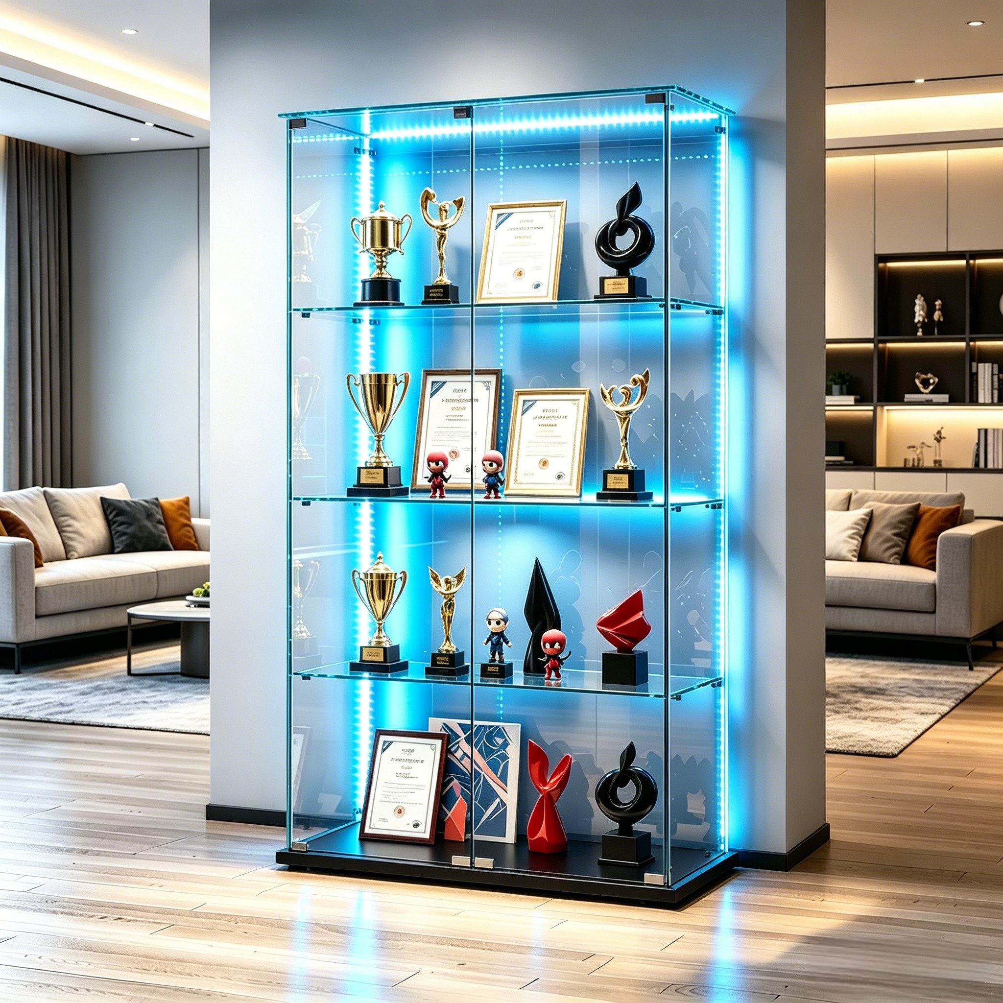 Simurq Glasvitrine Standvitrine mit LED und 2 Glastüren, Vitrinenschrank Glas (4 Ebenen(78,5x35x163 cm), 5 Ebenen(78,5x34,5x186,5 cm), Glasschrank mit 2 Türen,Schloss,Sammlervitrine) LED-Beleuchtung, abschließbare Türen, gehärtetes Glas