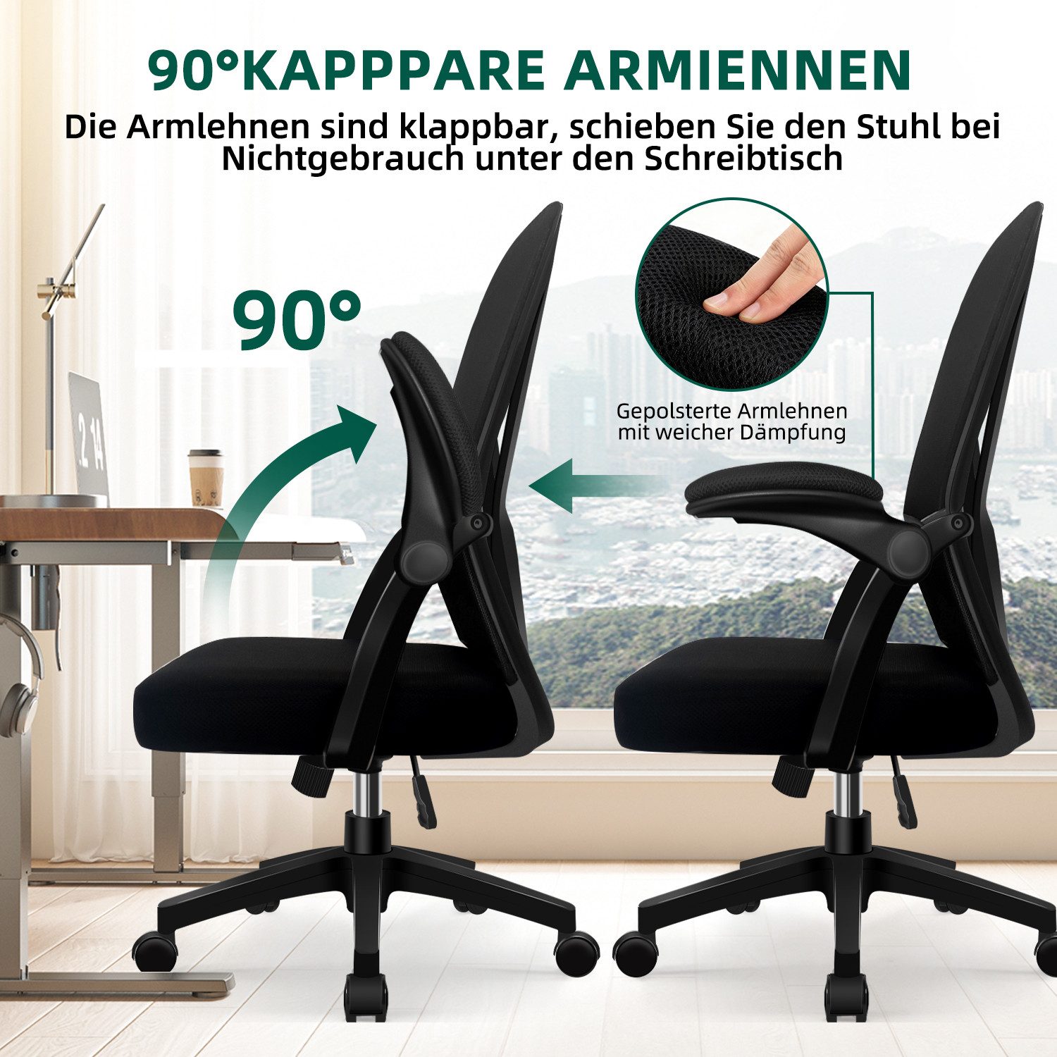 Adormii Bürostuhl Bürostuhl mit klappbaren Armlehnen,Ergonomischer Bürostuhl (Drehstuhl 360° mit Höhenverstellbarer Lendenwirbelstütze,Verstellbarer gepolsterten Armlehnen,Wippfunktion bis 125°,geräuscharmen Rollen,Höhenverstellbar), Atmungsaktiver Netzbezug, Hochwertiger Schaumstoff,Bis 150 kg