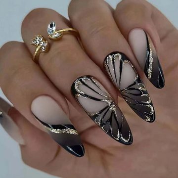 FIDDY Kunstfingernägel Künstliche Nägel, Glitzer, Schmetterling schwarz, spitz,24 Stück, 1-tlg.