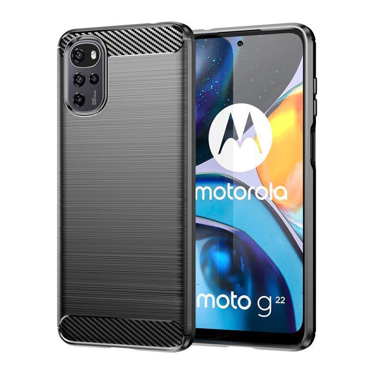 betterfon Handyhülle Carbon Hülle für Motorola Moto G22 Backcover TPU Silikon Schwarz, Carbon-Look – stoßfestes Case mit Air-Cushion & Metall-Optik