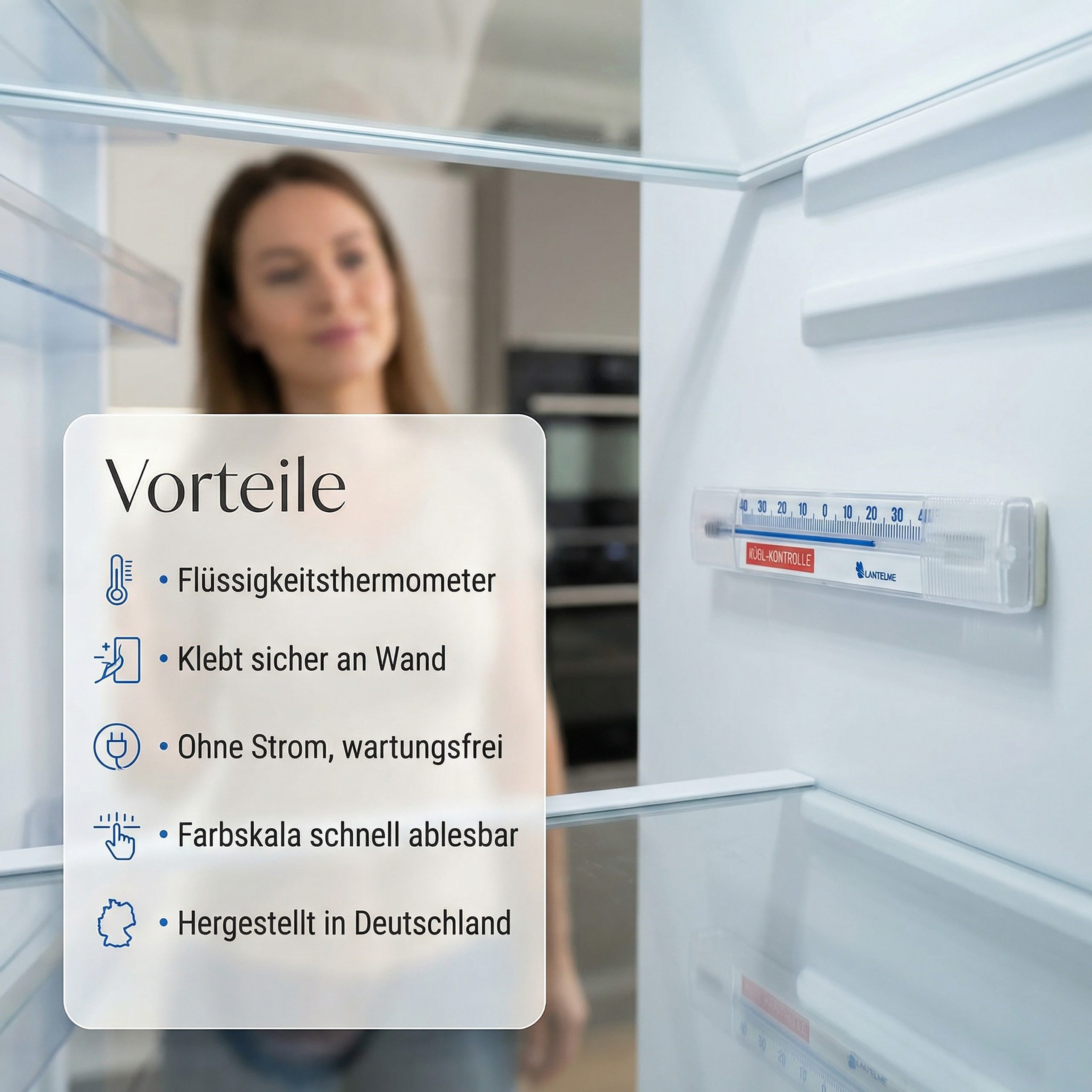 Lantelme Kühlschrankthermometer 5 Stück Set Waagrecht Selbstklebend Gefrierschrank Thermometer, 5-tlg., 5 Kühlschrank Thermometer im Set, Temperatur + - 40°C Analog, 14 cm, Deutsche Herstellung