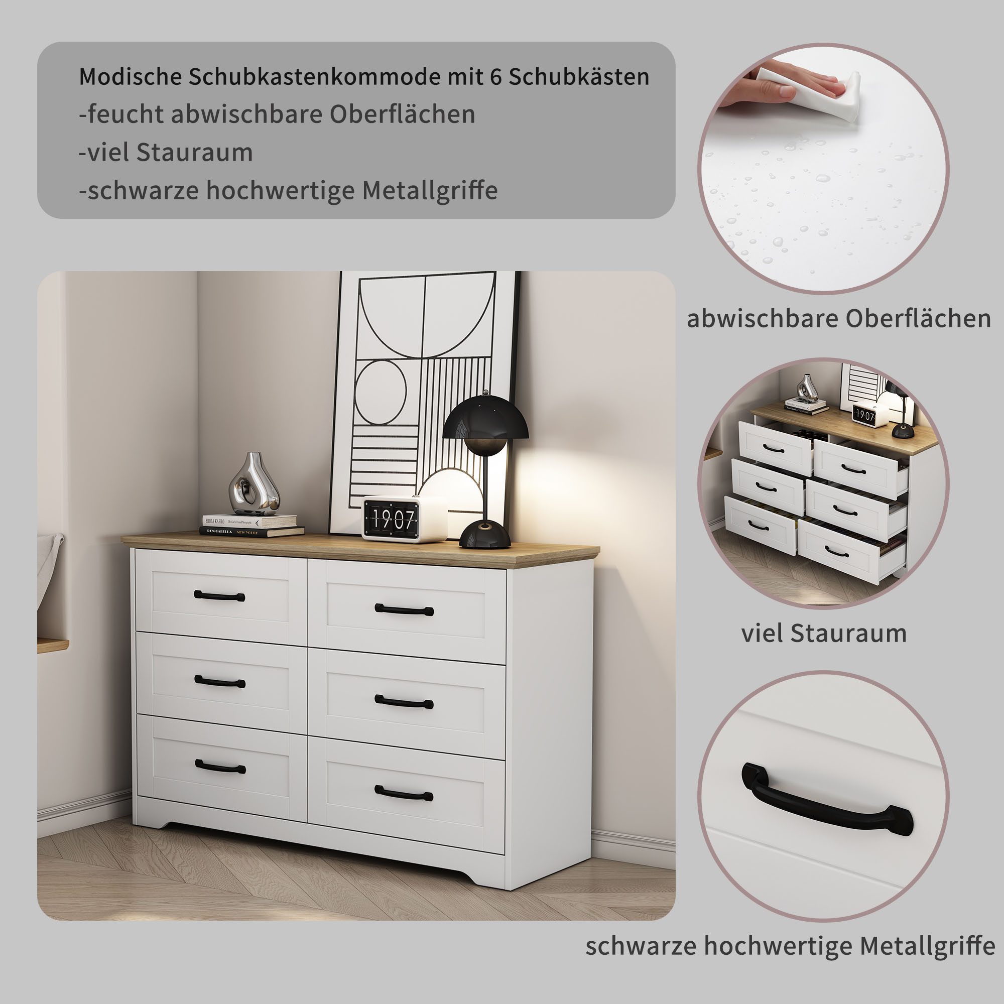 OTTO home Schubkastenkommode Emmilia Sideboard Schubladenschrank Wäscheschrank im Landhaus Design (Scandi Design mit 6 Schubladen für viel Stauraum im Schlafzimmer), Schrankkommode in hochwertiger Qualität