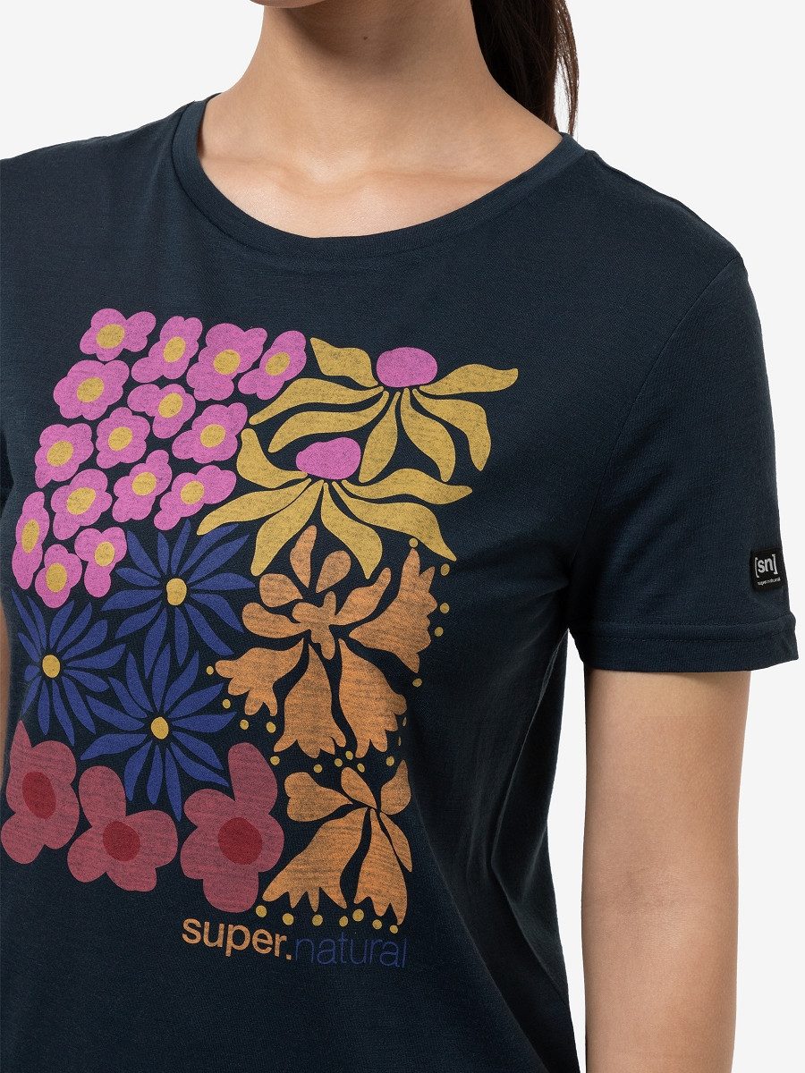 SUPER.NATURAL T-Shirt für Damen, Merino MAT IS Blumen Motiv, Reise, bunt günstig online kaufen