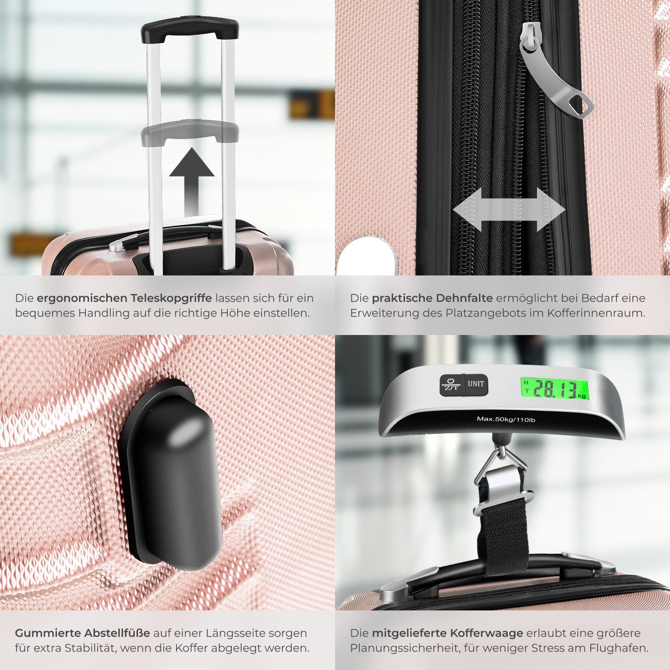 tectake Trolley Hartschalenkoffer-Set, 4 Rollen, 4-teilig aus robustem ABS-Kunststoff inkl. Kofferwaage und -anhänger