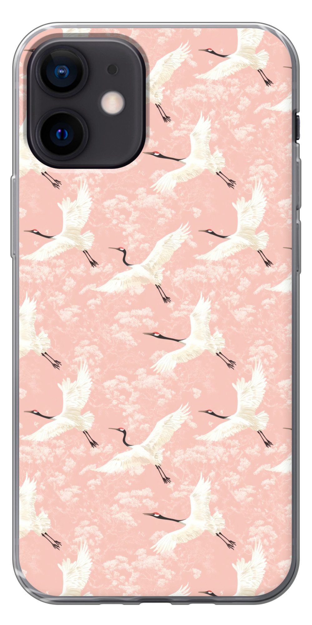 MuchoWow Handyhülle für Apple iPhone 12 Kranich - Blüte - Rosa, Smartphone-Bumper, Print, Handy Schutzhülle Dünn