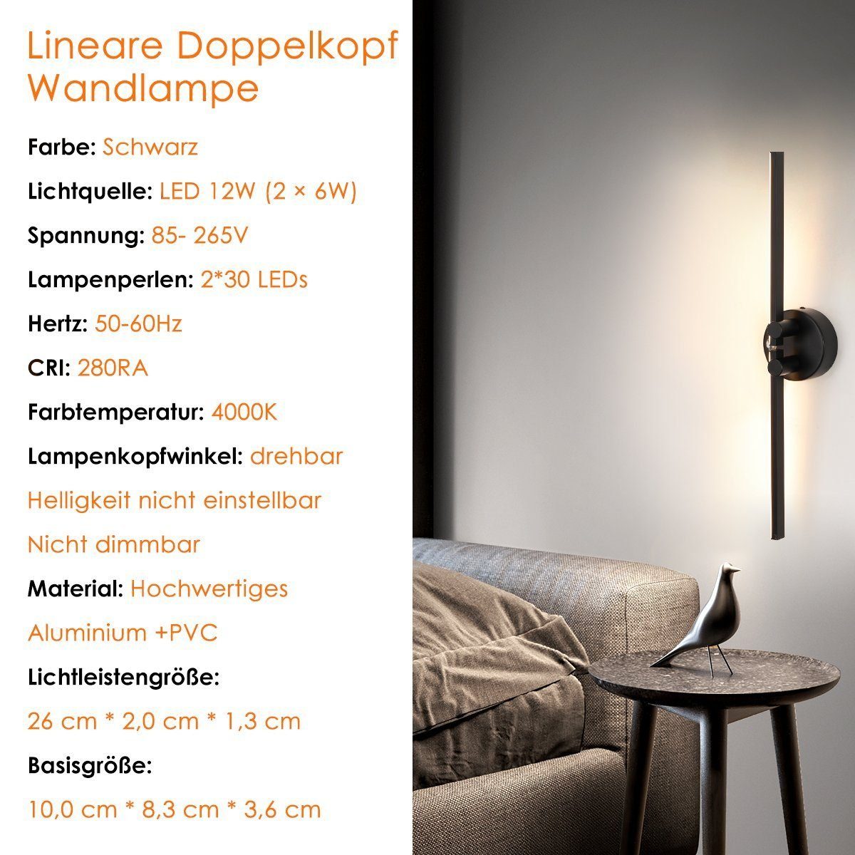 2 für Stück Flurlampe Wandlampe Schwarze Wandbeleuchtung, Warmweiß, Treppenhaus Wandleuchte integriert, fest Schlafzimmer LED Wohnzimmerlampe, LED Wohnzimmer 180° LETGOSPT Wohnzimmer Schwenkbar