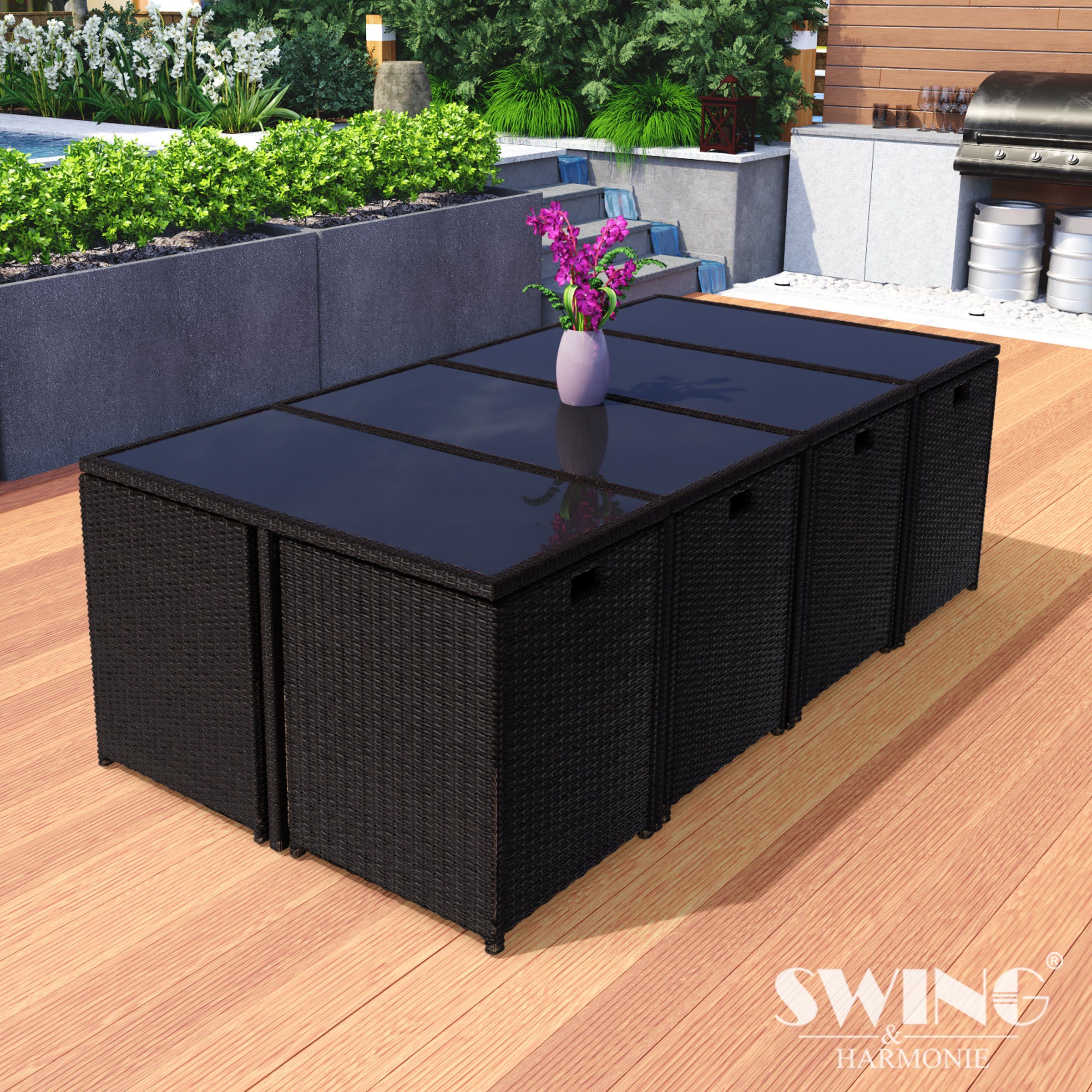 Garten-Essgruppe Lounge Sitzgruppe Poly Set schwarz Garnitur Swing&Harmonie Gartenmöbel Rattan Stühle, Hocker Esstisch Tisch, Sitzgarnitur